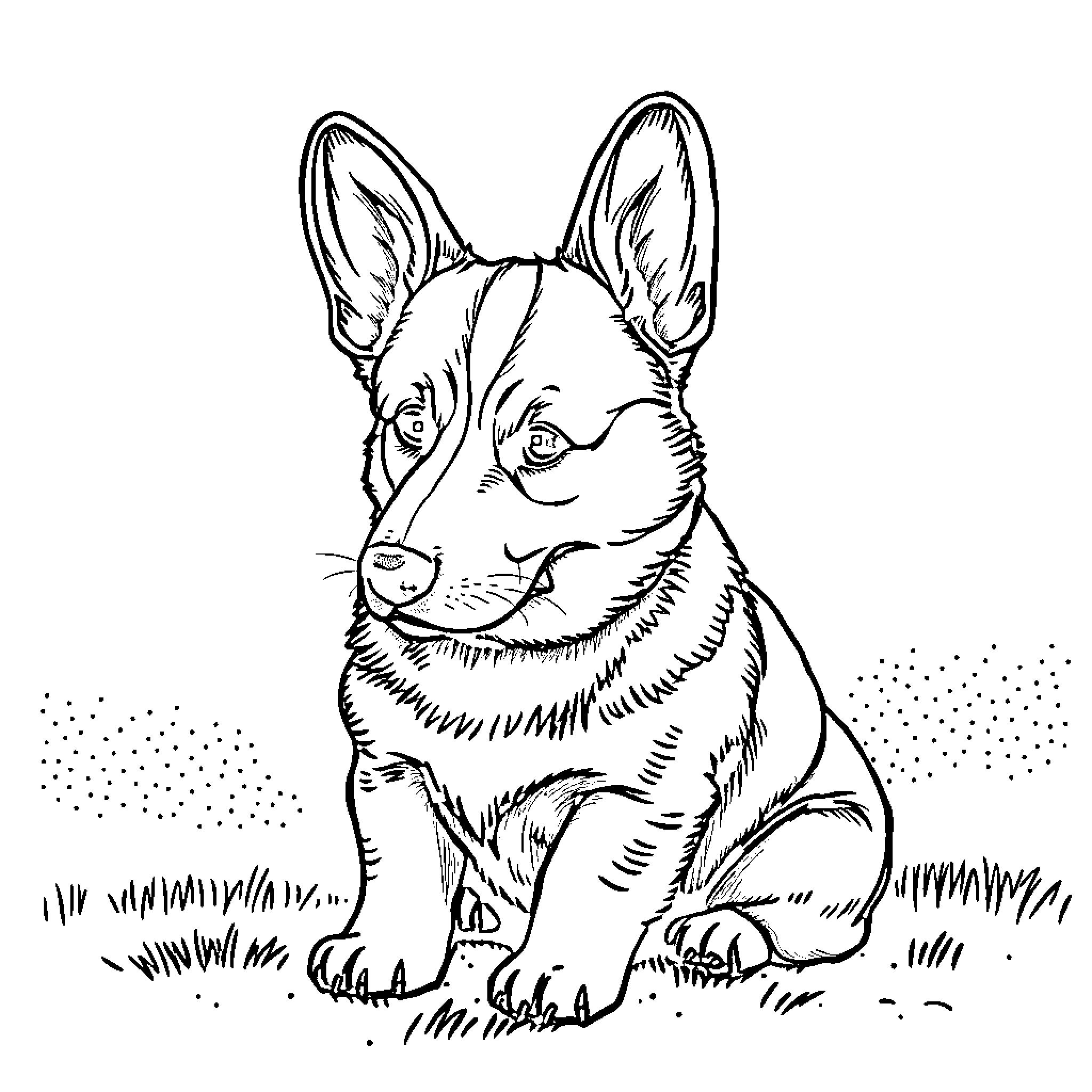 Corgi sitting attentively in a grassy field Coloring Page (free black-and-white line drawing printable PDF for all, from beginners to advanced learners, including children, teens, adults, and seniors)