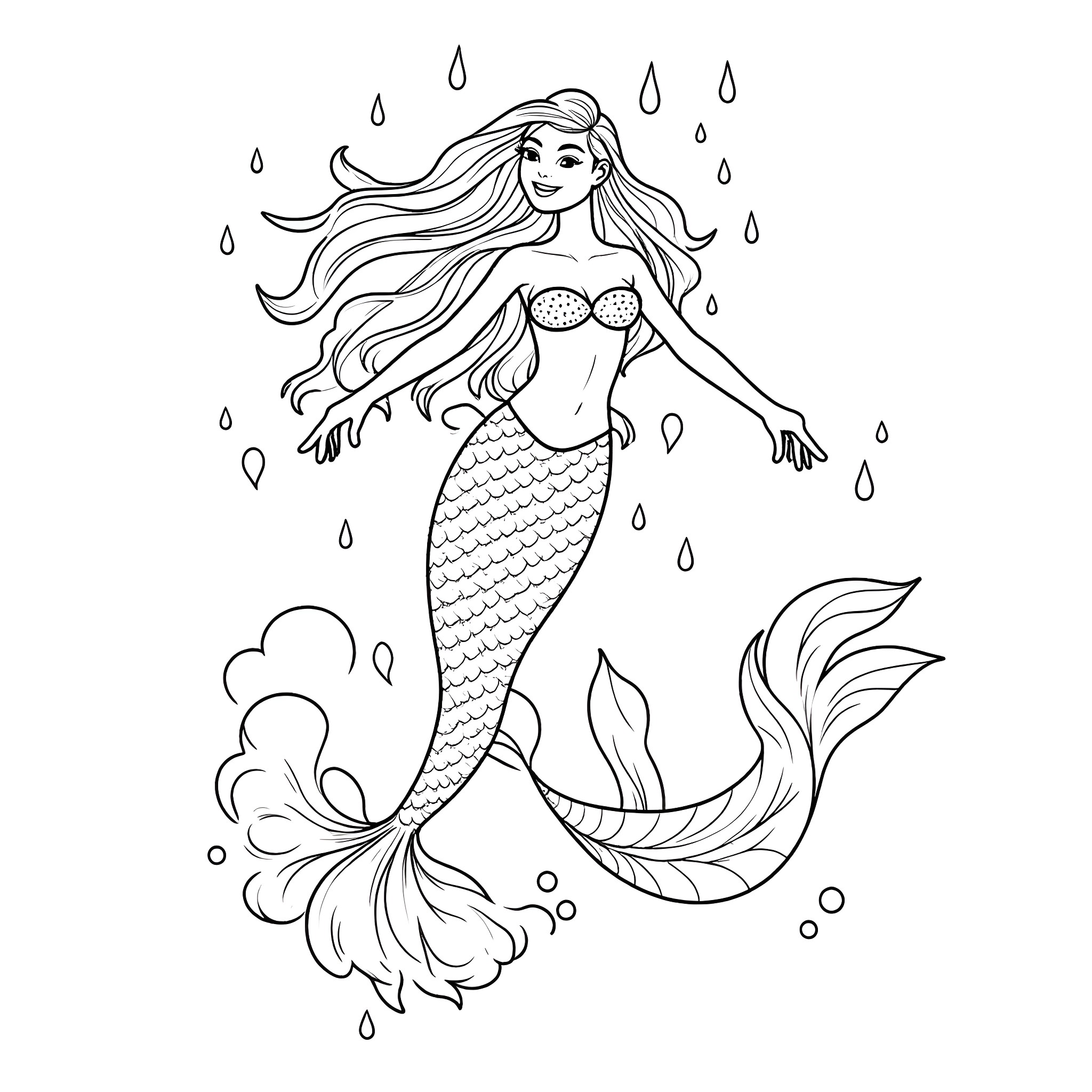 Mermaid swimming gracefully in the ocean Coloring Page (free black-and-white line drawing printable PDF for all, from beginners to advanced learners, including children, teens, adults, and seniors)