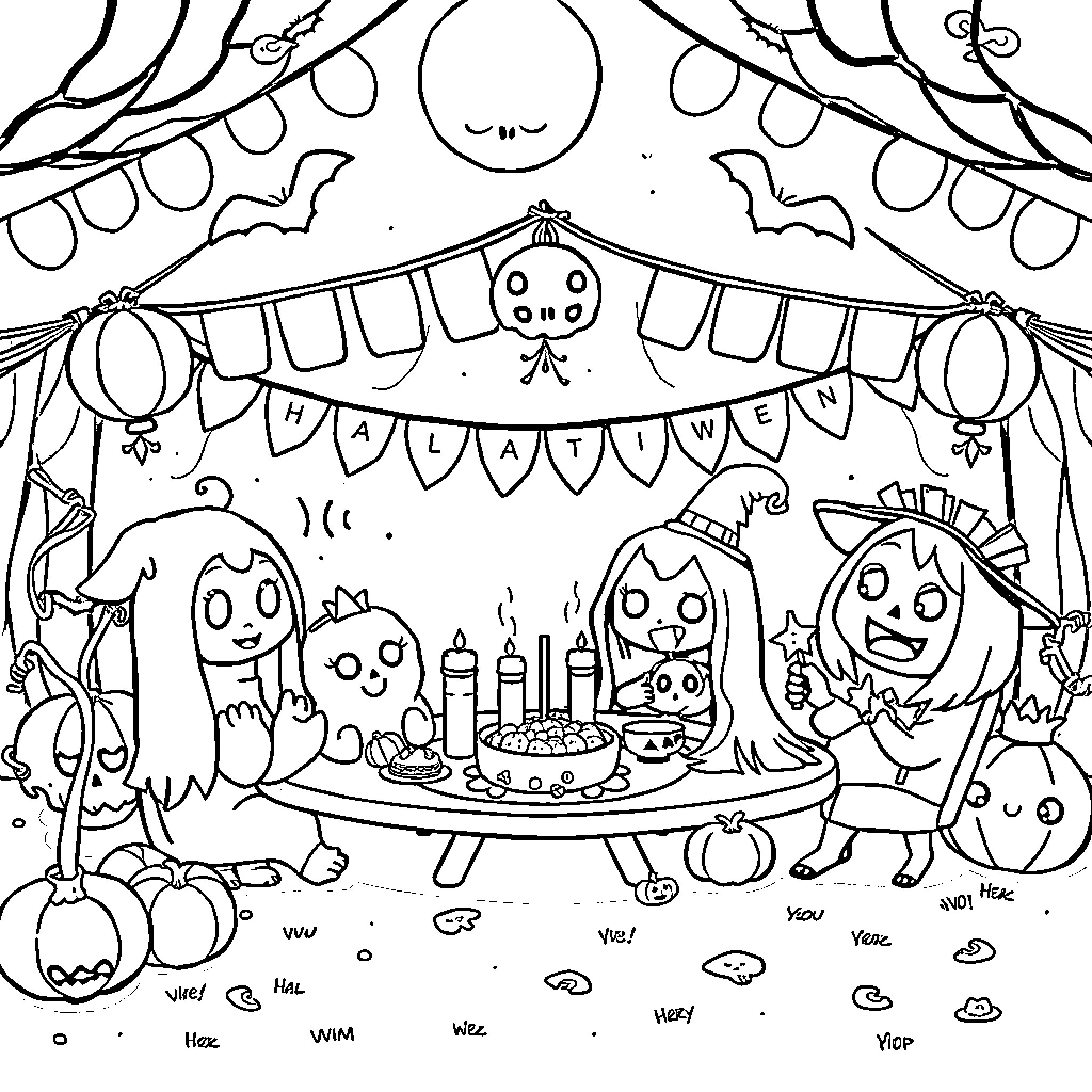 Chibi Halloween Party with Cute Characters Coloring Page (free black-and-white line drawing printable PDF for all, from beginners to advanced learners, including children, teens, adults, and seniors)