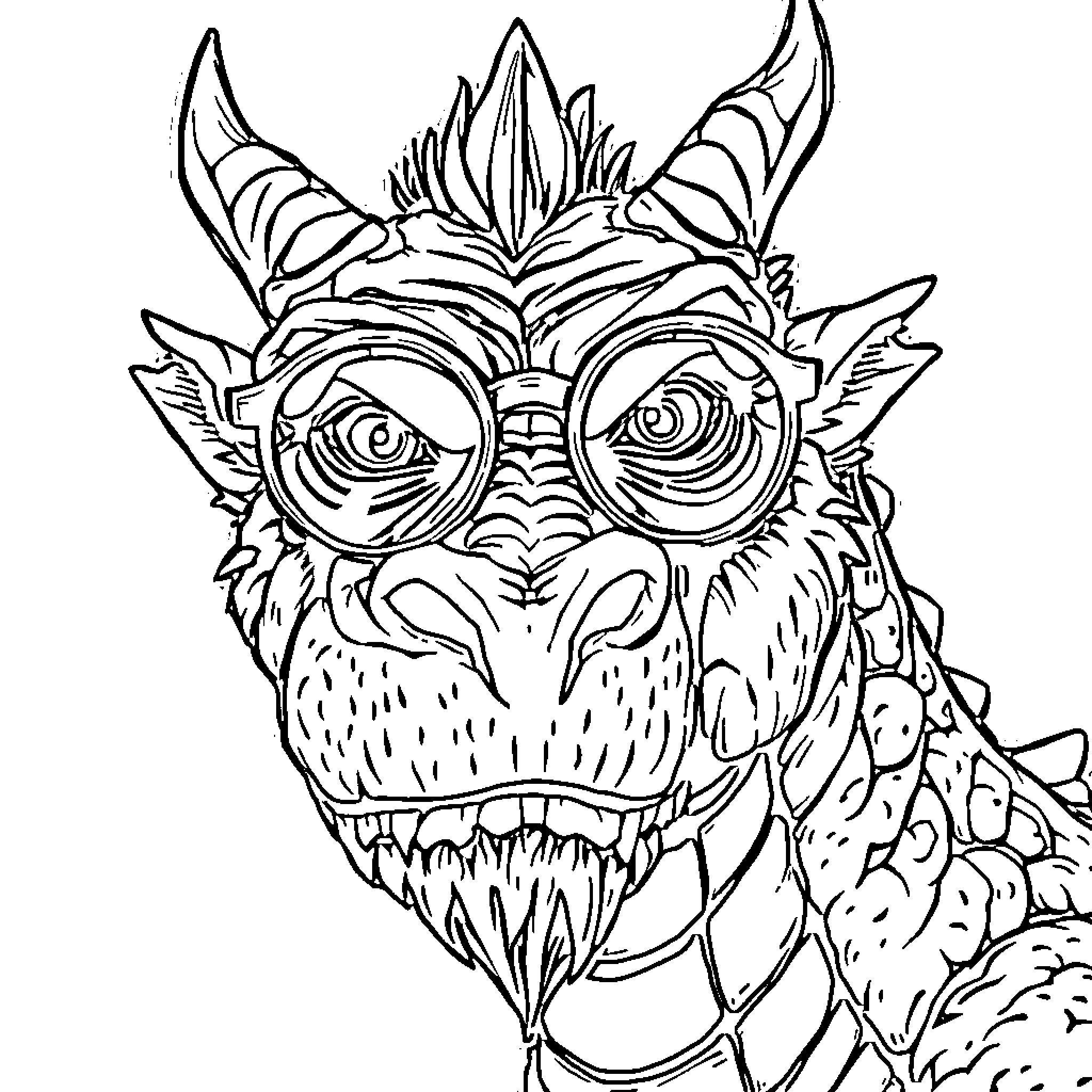 Dragon Wearing Eccentric Eyeglasses and Ferocious Expression Coloring Page (free black-and-white line drawing printable PDF for all, from beginners to advanced learners, including children, teens, adults, and seniors)