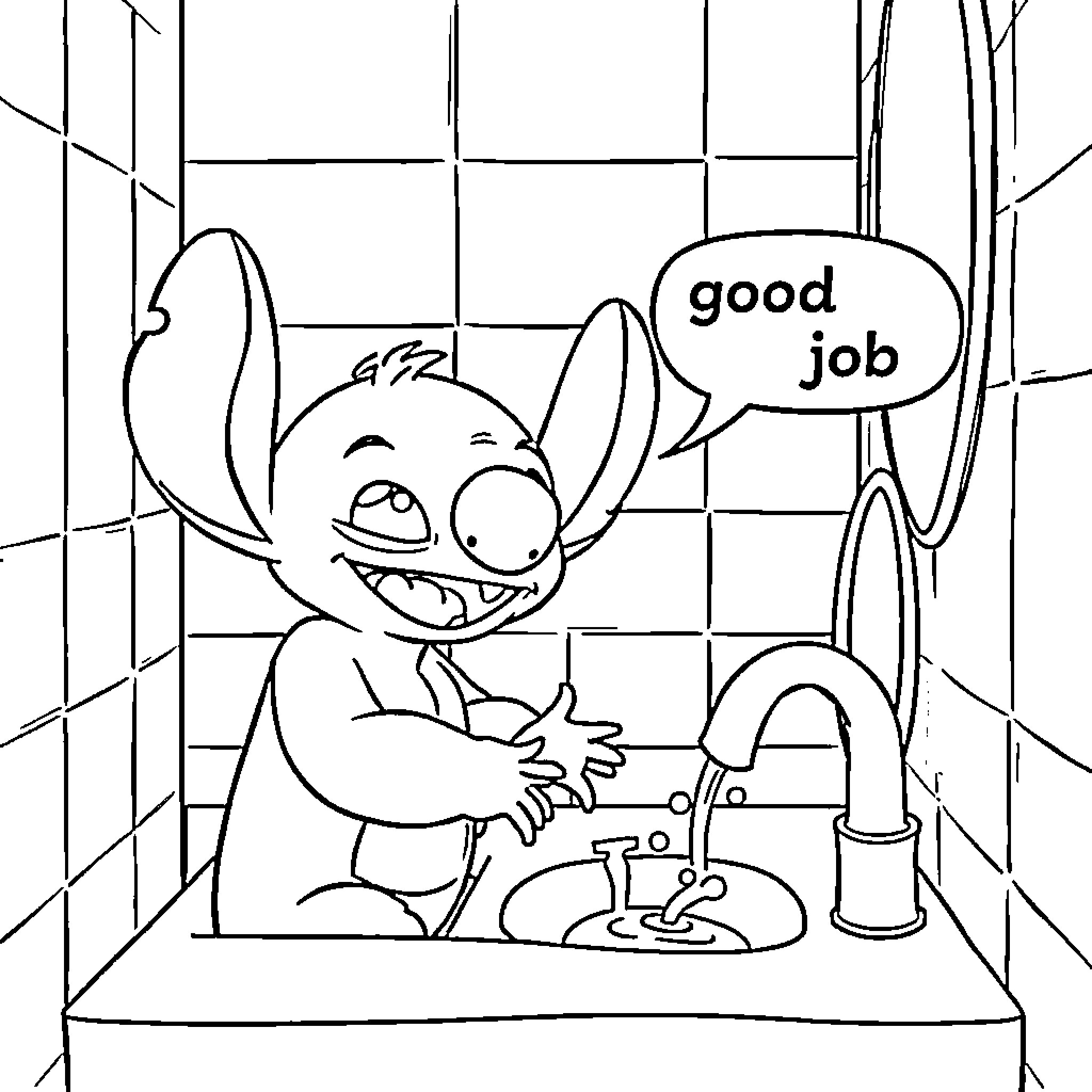 Stitch giving himself a 'Good Job' for his cleaning work Coloring Page (free black-and-white line drawing printable PDF for all, from beginners to advanced learners, including children, teens, adults, and seniors)