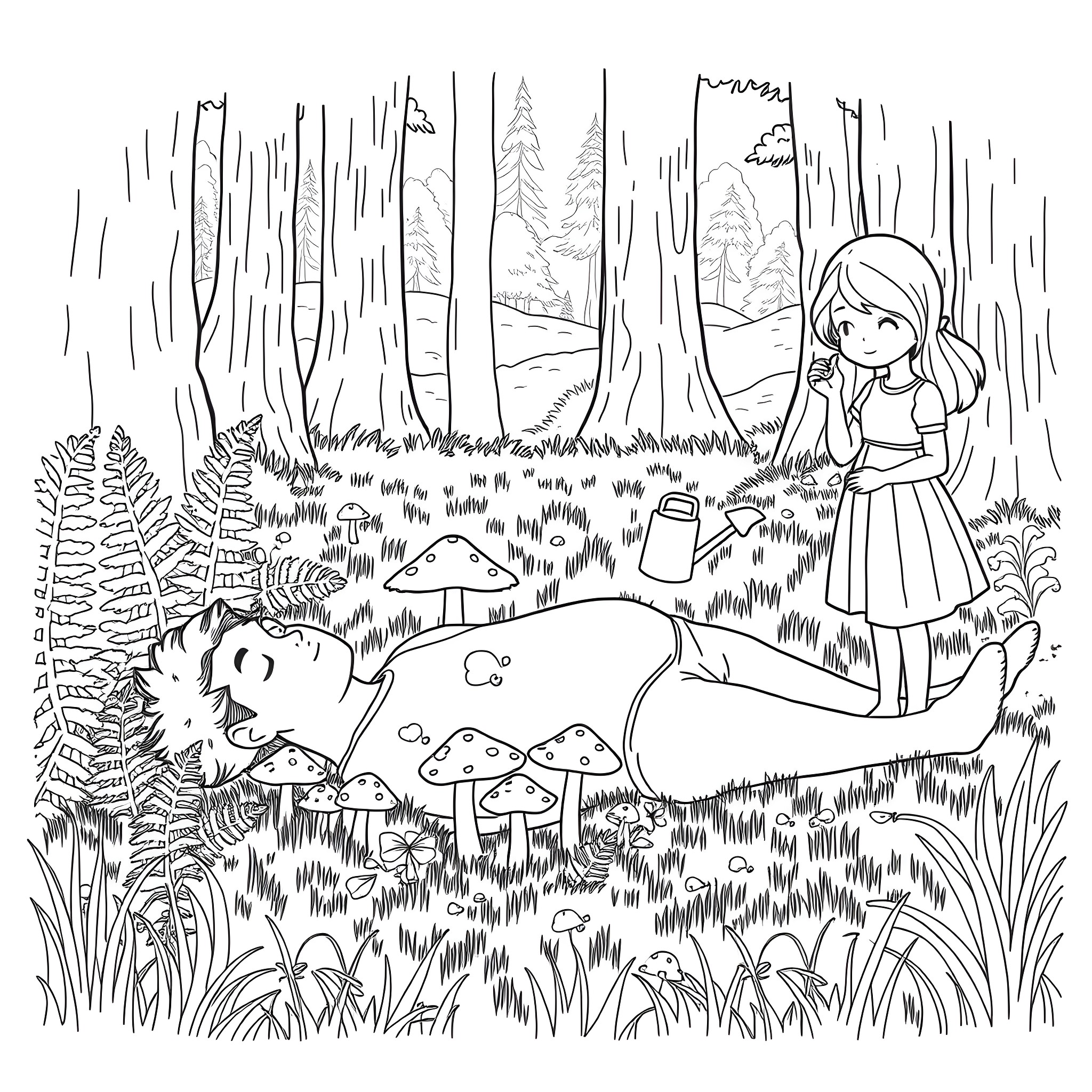 Mushroom Foraging in the Enchanted Forest Coloring Page (free black-and-white line drawing printable PDF for all, from beginners to advanced learners, including children, teens, adults, and seniors)
