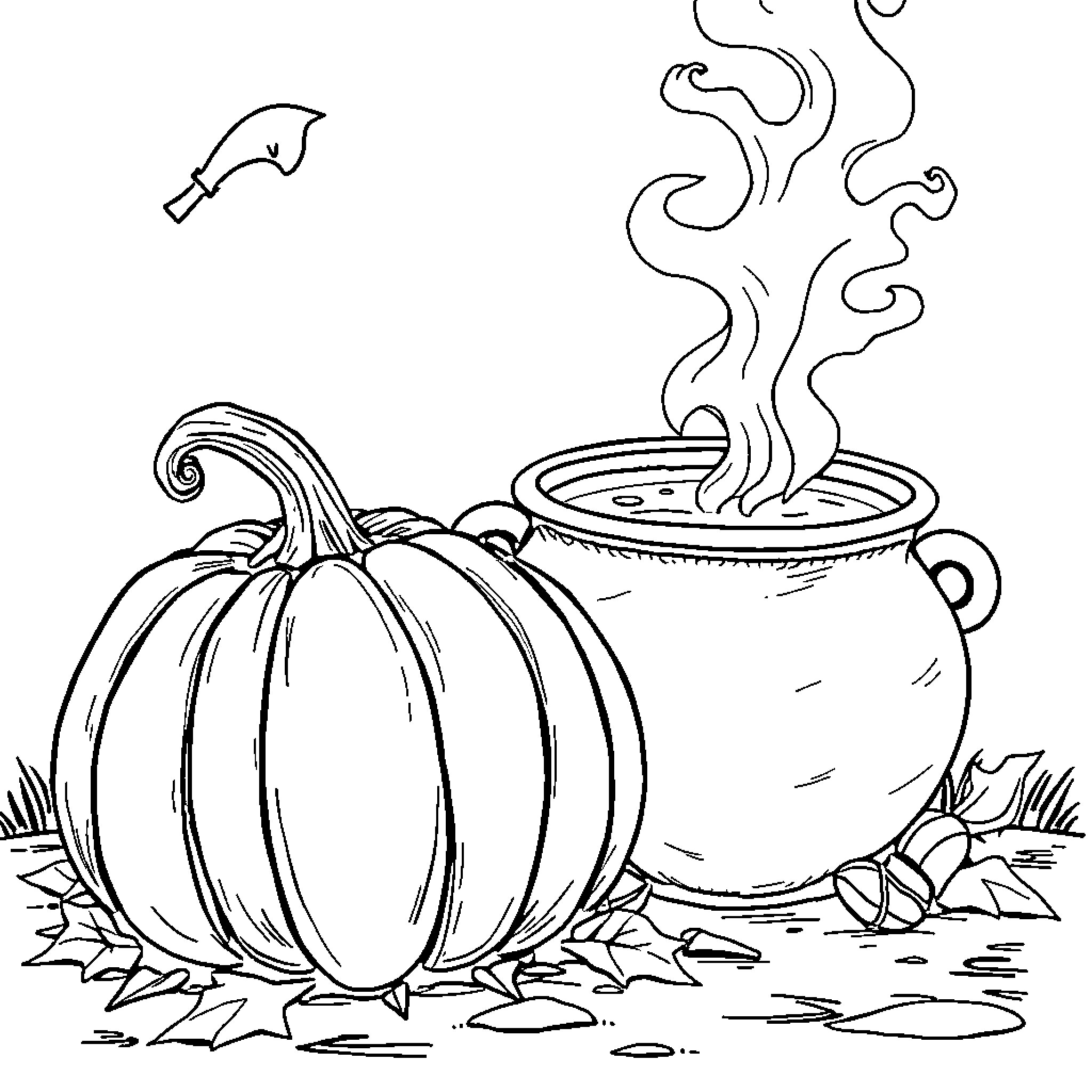 Pumpkin and Steaming Pot Coloring Page (free black-and-white line drawing printable PDF for all, from beginners to advanced learners, including children, teens, adults, and seniors)