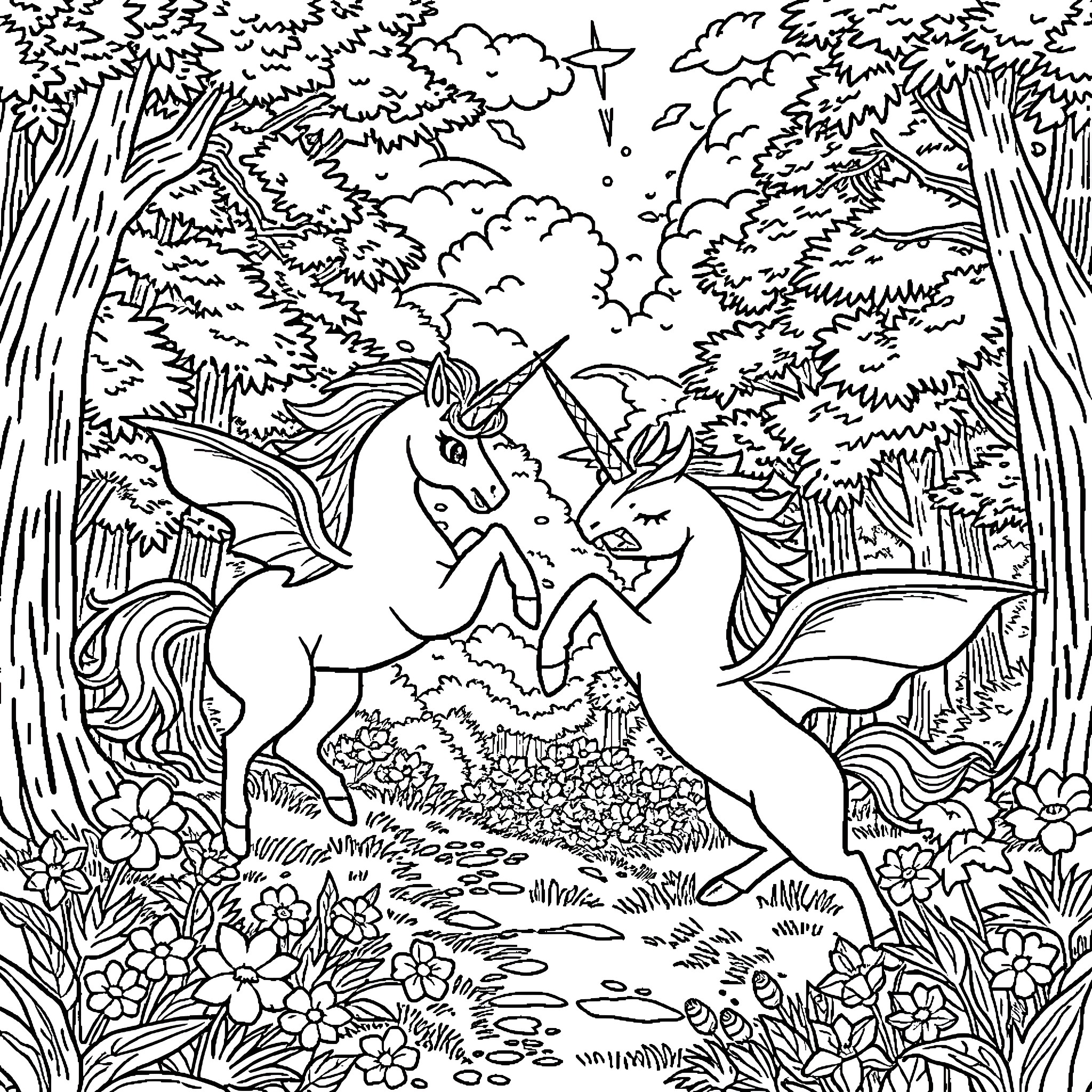 Pokémon Unicorn Fantasy Adventure in the Magical Forest Coloring Page (free black-and-white line drawing printable PDF for all, from beginners to advanced learners, including children, teens, adults, and seniors)