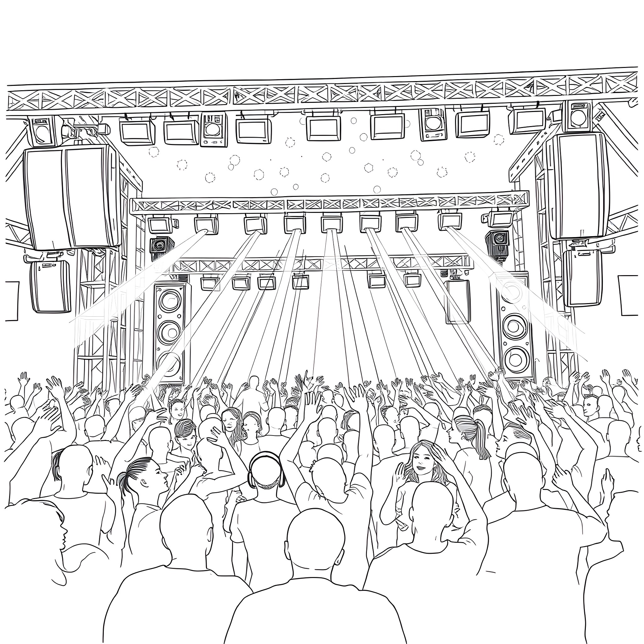 Rave scene with energetic crowd and stage setup Coloring Page (free black-and-white line drawing printable PDF for all, from beginners to advanced learners, including children, teens, adults, and seniors)