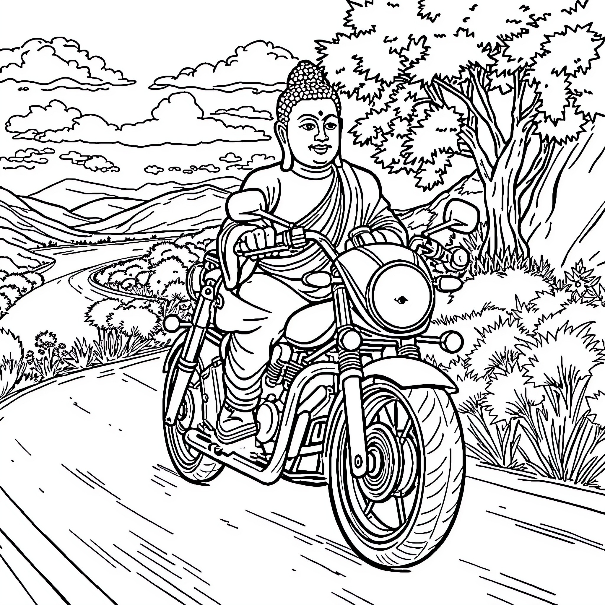 Buddha riding a motorcycle through a serene landscape Coloring Page (free black-and-white line drawing printable PDF for all, from beginners to advanced learners, including children, teens, adults, and seniors)