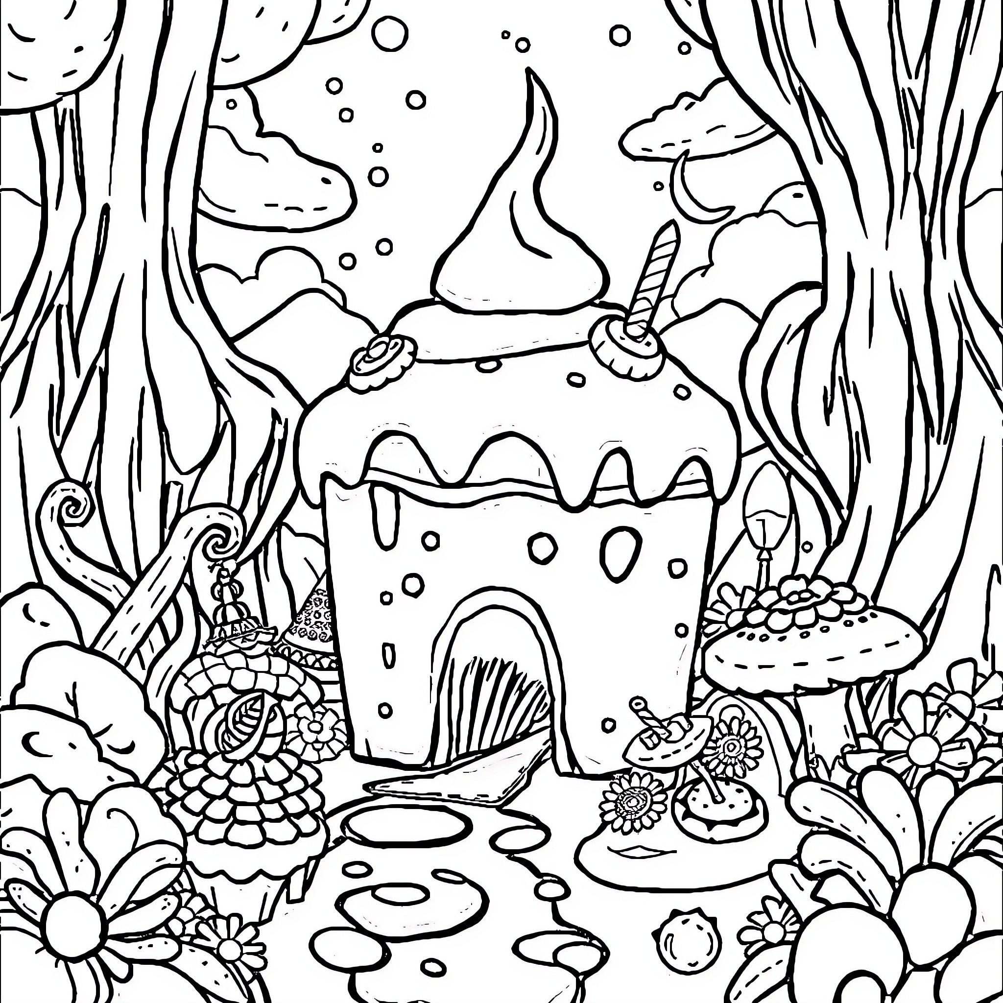 Roxicake's Enchanting Mushroom Kingdom Coloring Page (free black-and-white line drawing printable PDF for all, from beginners to advanced learners, including children, teens, adults, and seniors)