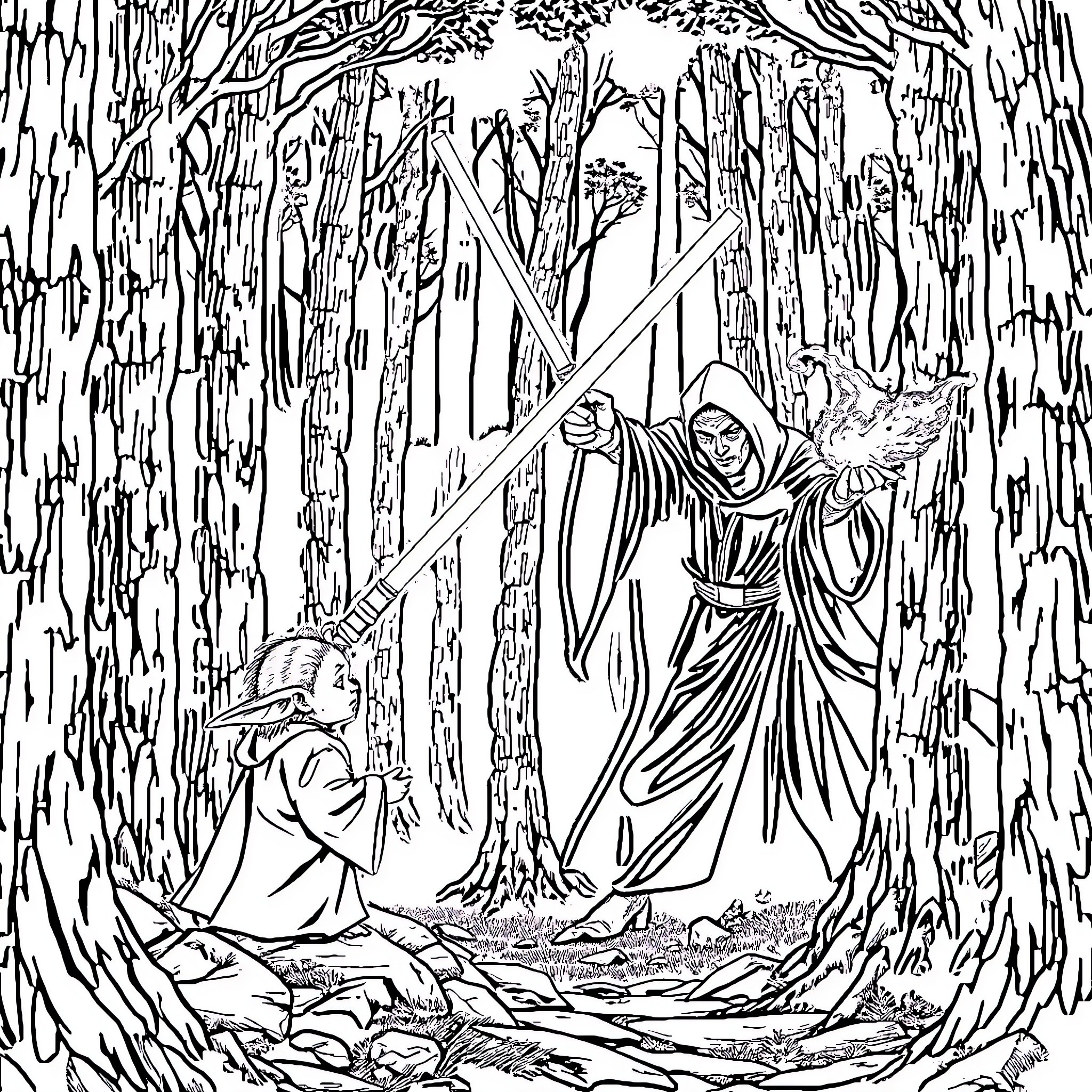 Yoda's Mystical Encounter in the Forest Coloring Page (free black-and-white line drawing printable PDF for all, from beginners to advanced learners, including children, teens, adults, and seniors)