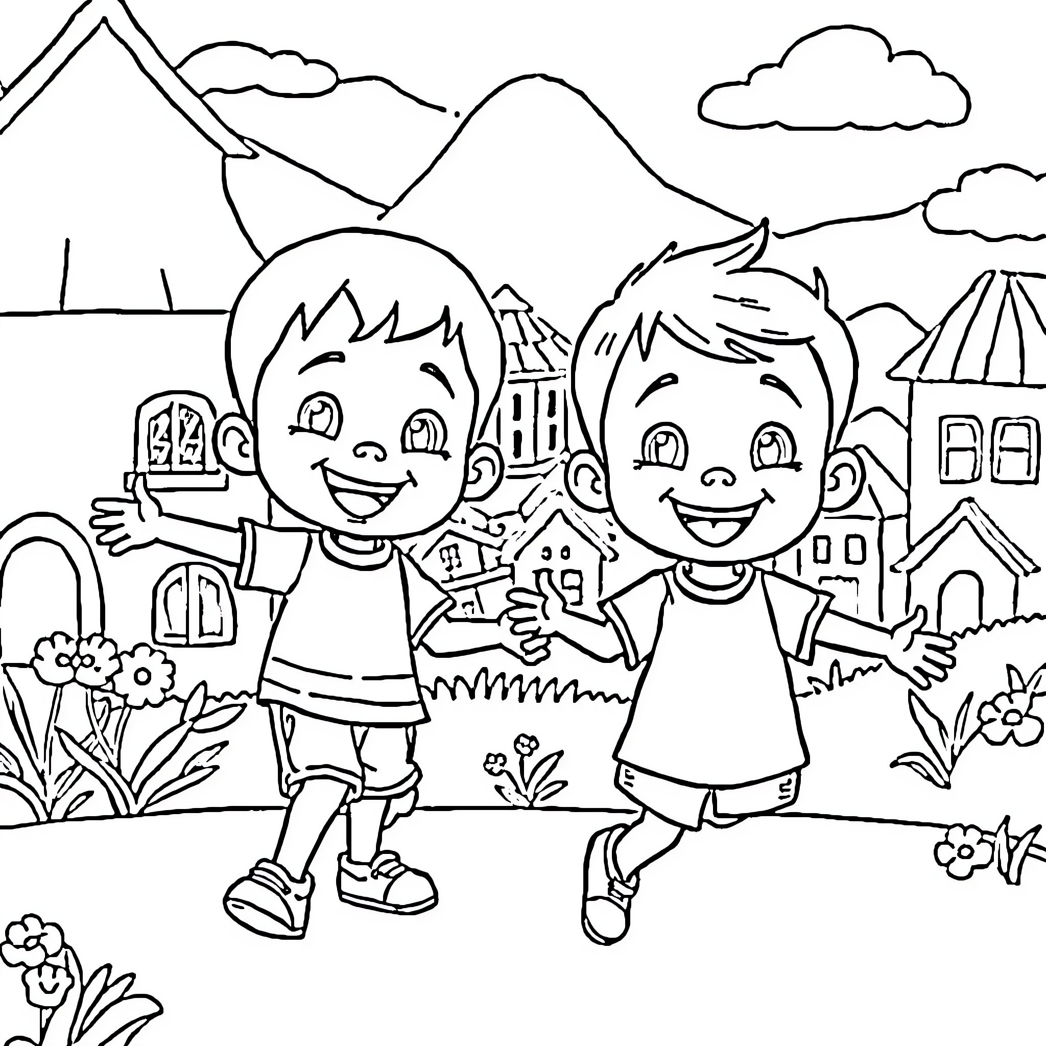 Upin and Ipin's Adventure in the Village Coloring Page (free black-and-white line drawing printable PDF for all, from beginners to advanced learners, including children, teens, adults, and seniors)