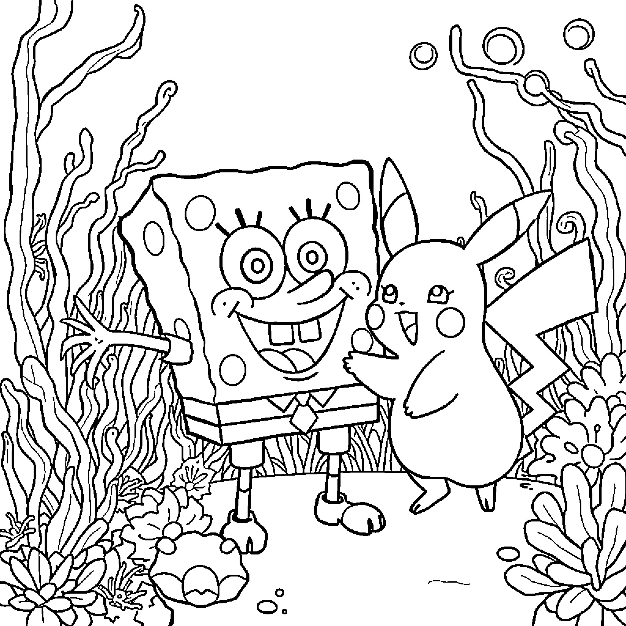 Spongebob and Patrick explore the underwater world Coloring Page (free black-and-white line drawing printable PDF for all, from beginners to advanced learners, including children, teens, adults, and seniors)