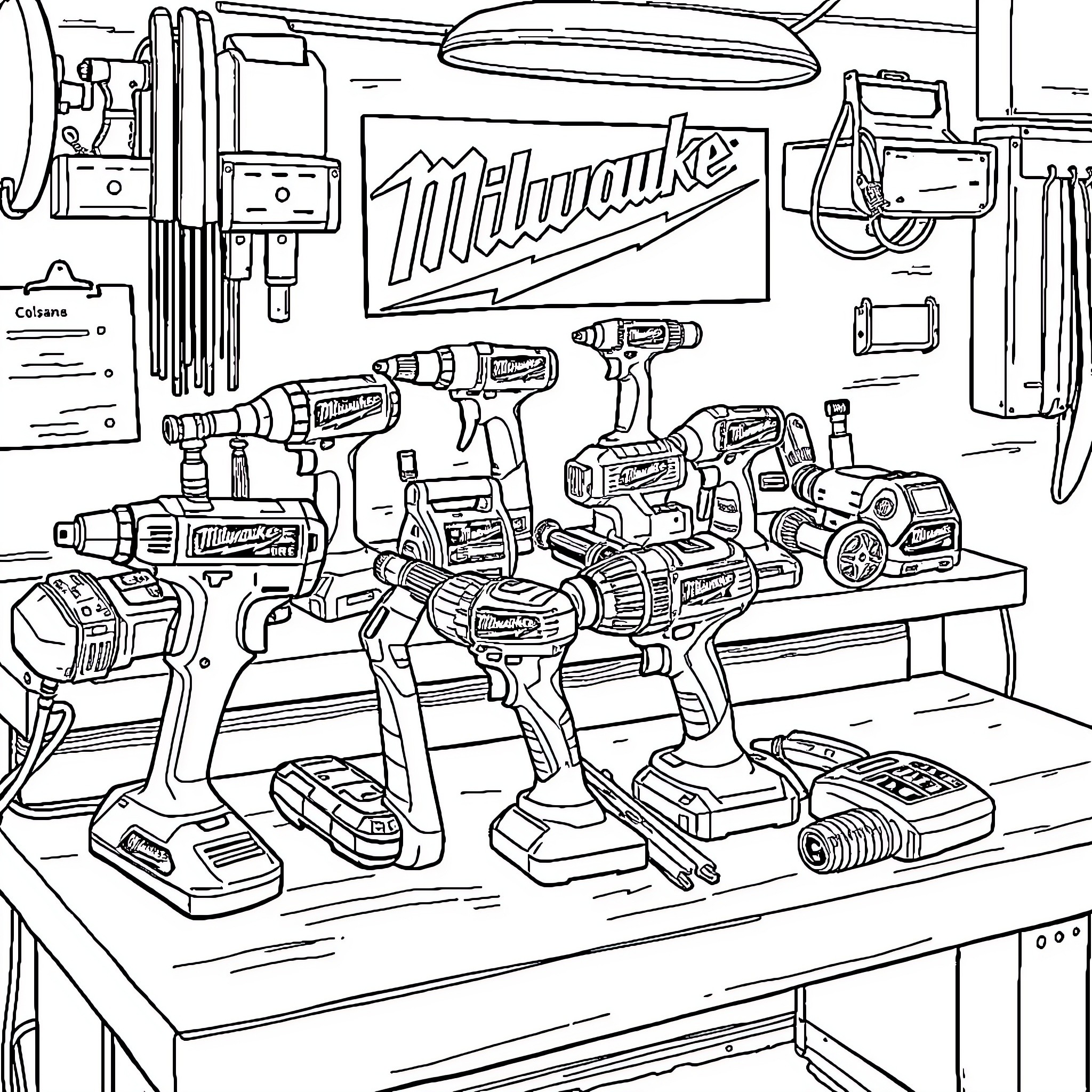 Tool Workshop with Various Power Tools Coloring Page (free black-and-white line drawing printable PDF for all, from beginners to advanced learners, including children, teens, adults, and seniors)