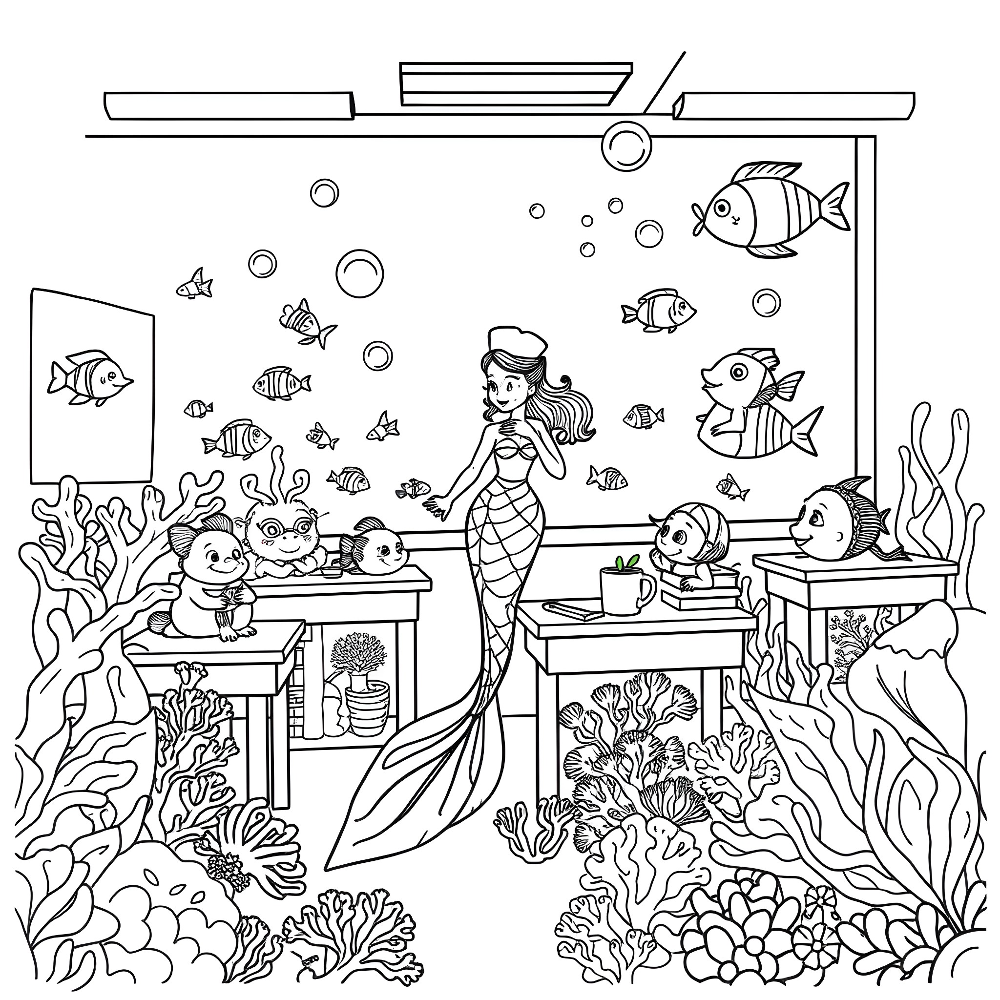 Mermaid studying underwater marine life in her lab Coloring Page (free black-and-white line drawing printable PDF for all, from beginners to advanced learners, including children, teens, adults, and seniors)