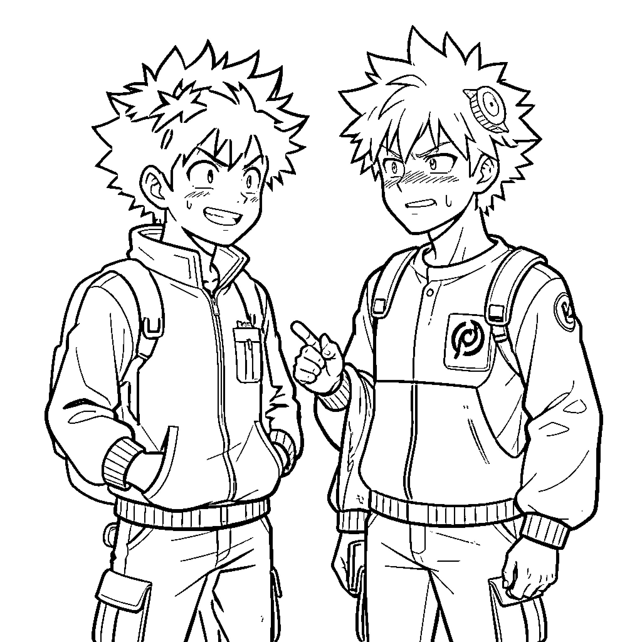 Izuku and Bakugou standing together in casual outfits Coloring Page (free black-and-white line drawing printable PDF for all, from beginners to advanced learners, including children, teens, adults, and seniors)