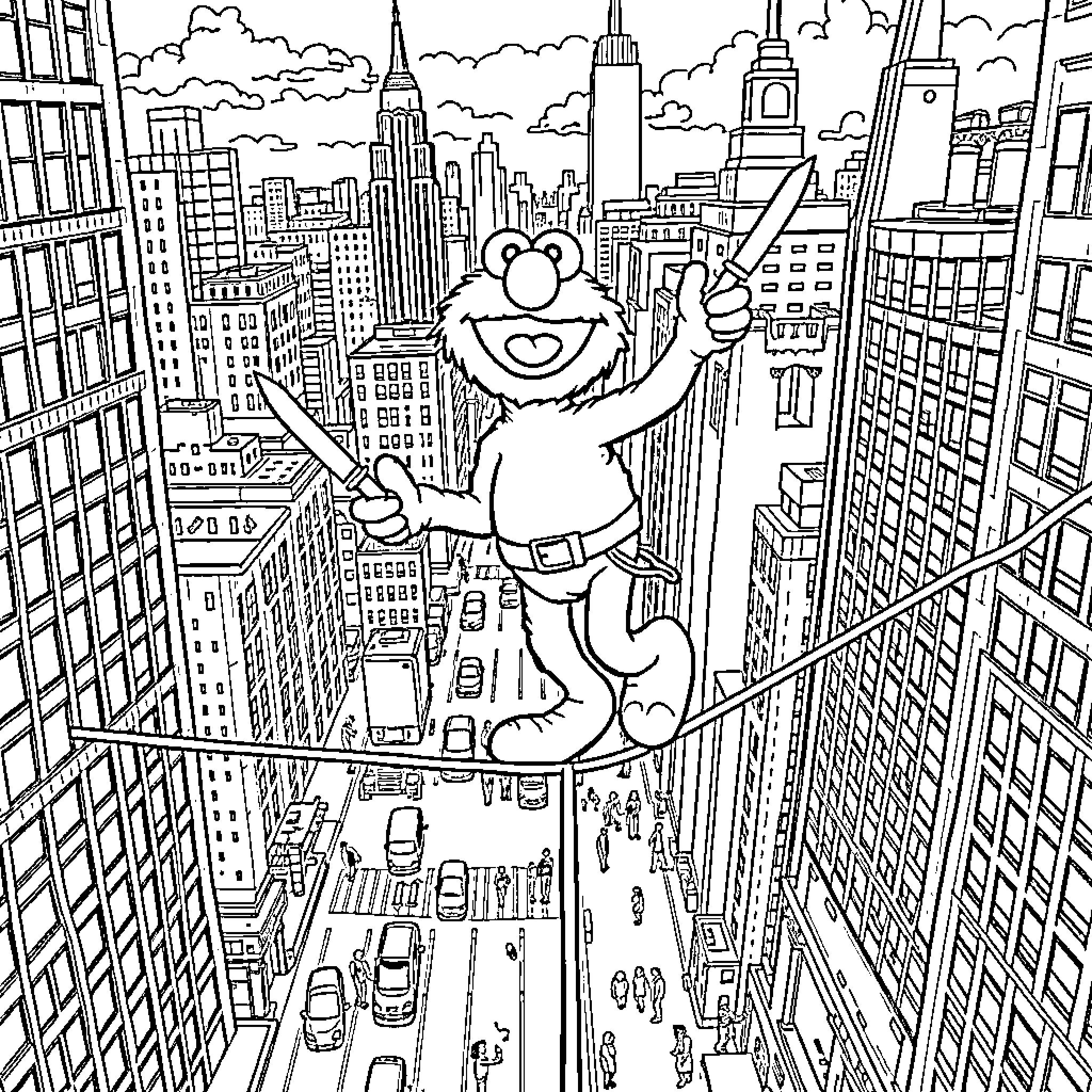 Elmo Exploring the Bustling City Skyline Coloring Page (free black-and-white line drawing printable PDF for all, from beginners to advanced learners, including children, teens, adults, and seniors)
