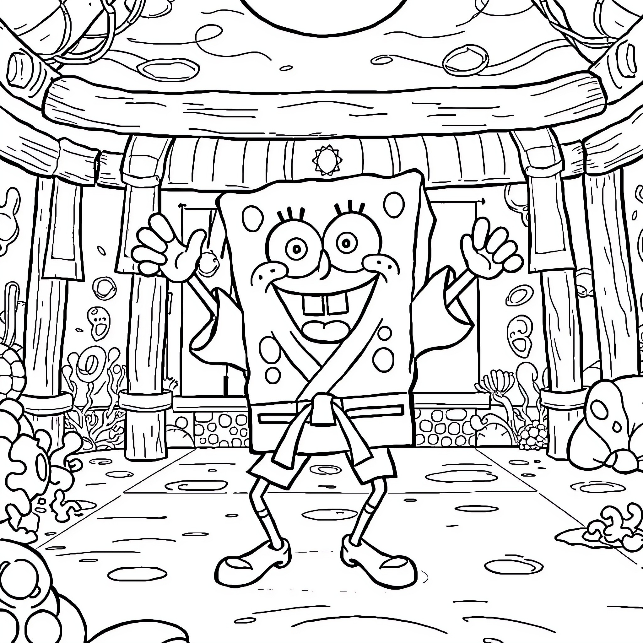 Spongebob enjoying a cheerful underwater adventure Coloring Page (free black-and-white line drawing printable PDF for all, from beginners to advanced learners, including children, teens, adults, and seniors)