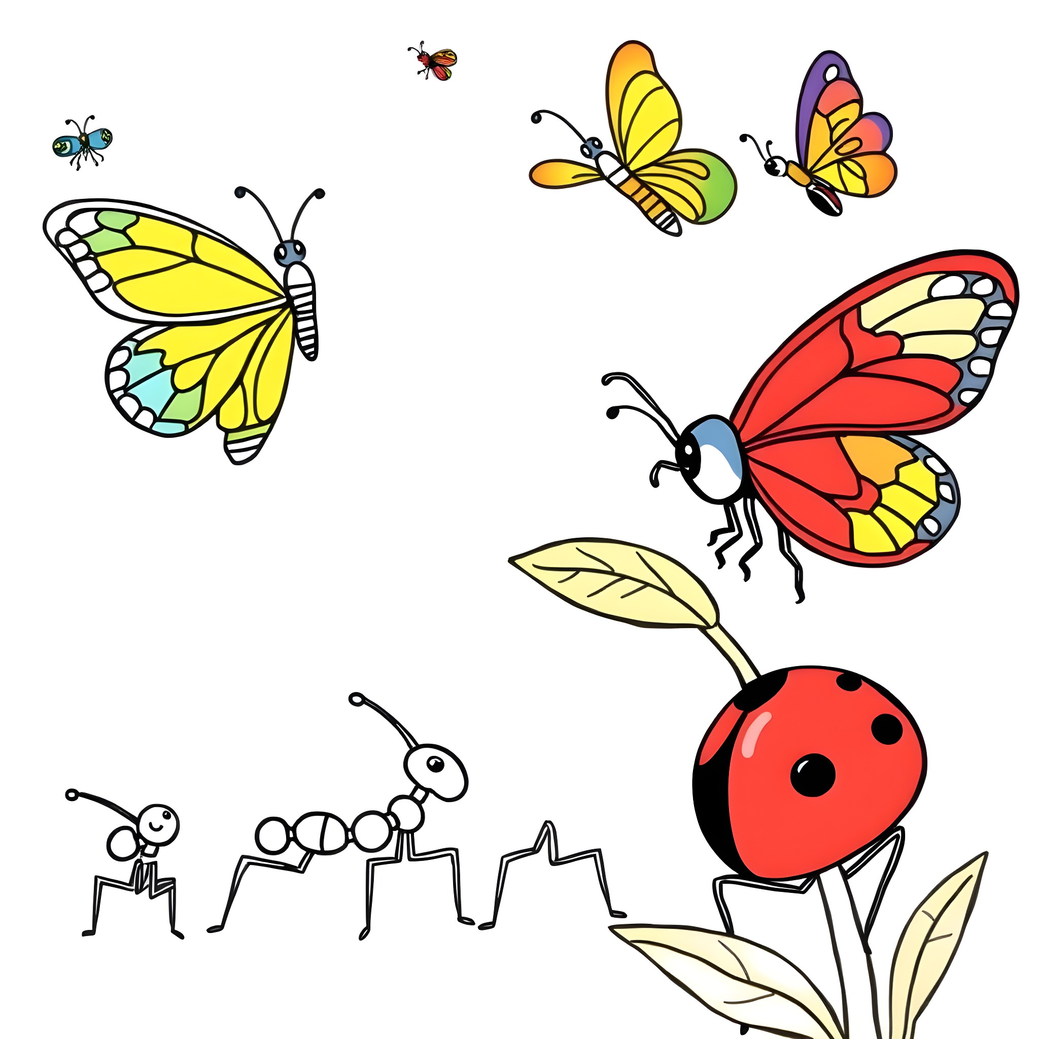 Bug friends celebrating with colorful wings Coloring Page (free black-and-white line drawing printable PDF for all, from beginners to advanced learners, including children, teens, adults, and seniors)