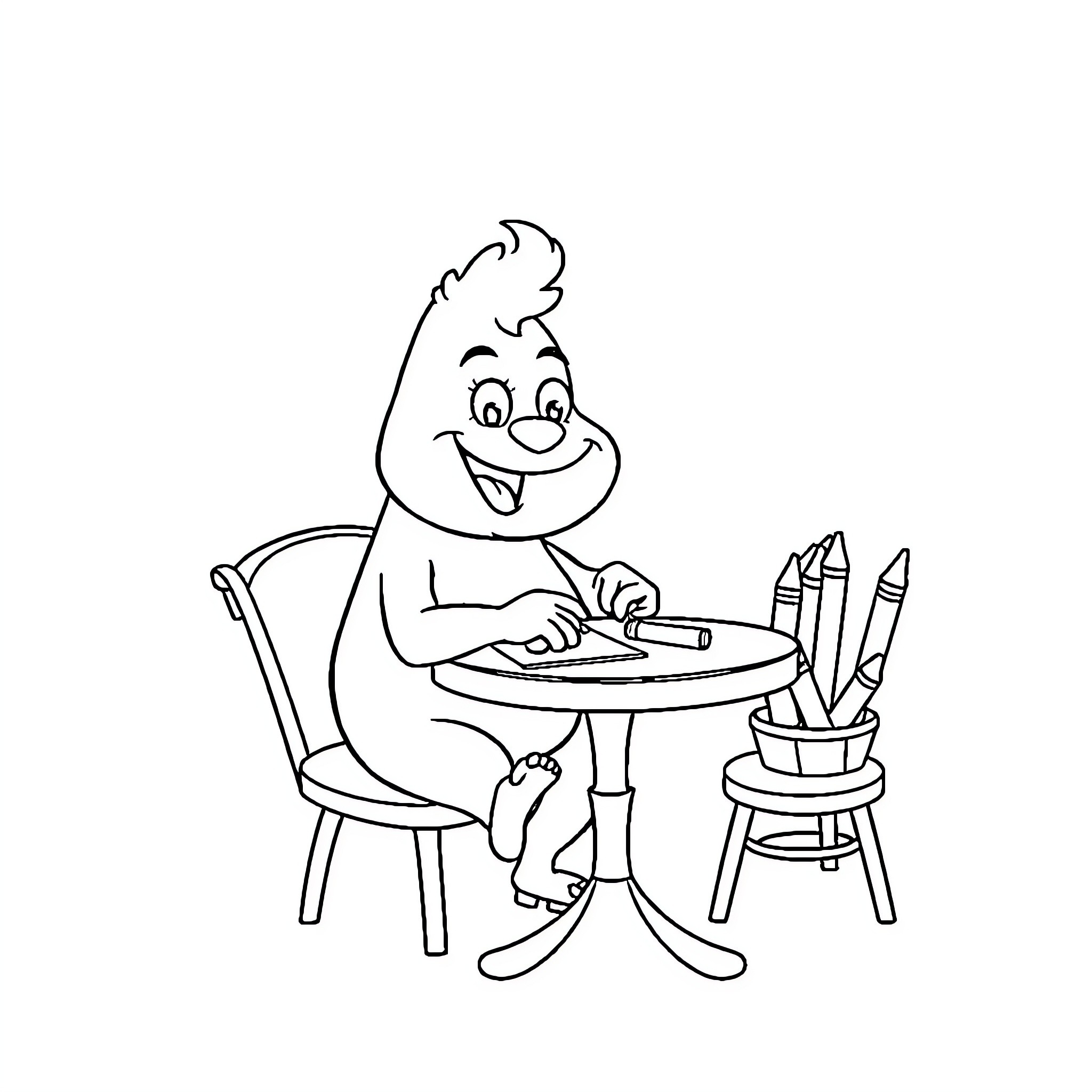 Spongebob drawing at a table with art supplies Coloring Page (free black-and-white line drawing printable PDF for all, from beginners to advanced learners, including children, teens, adults, and seniors)