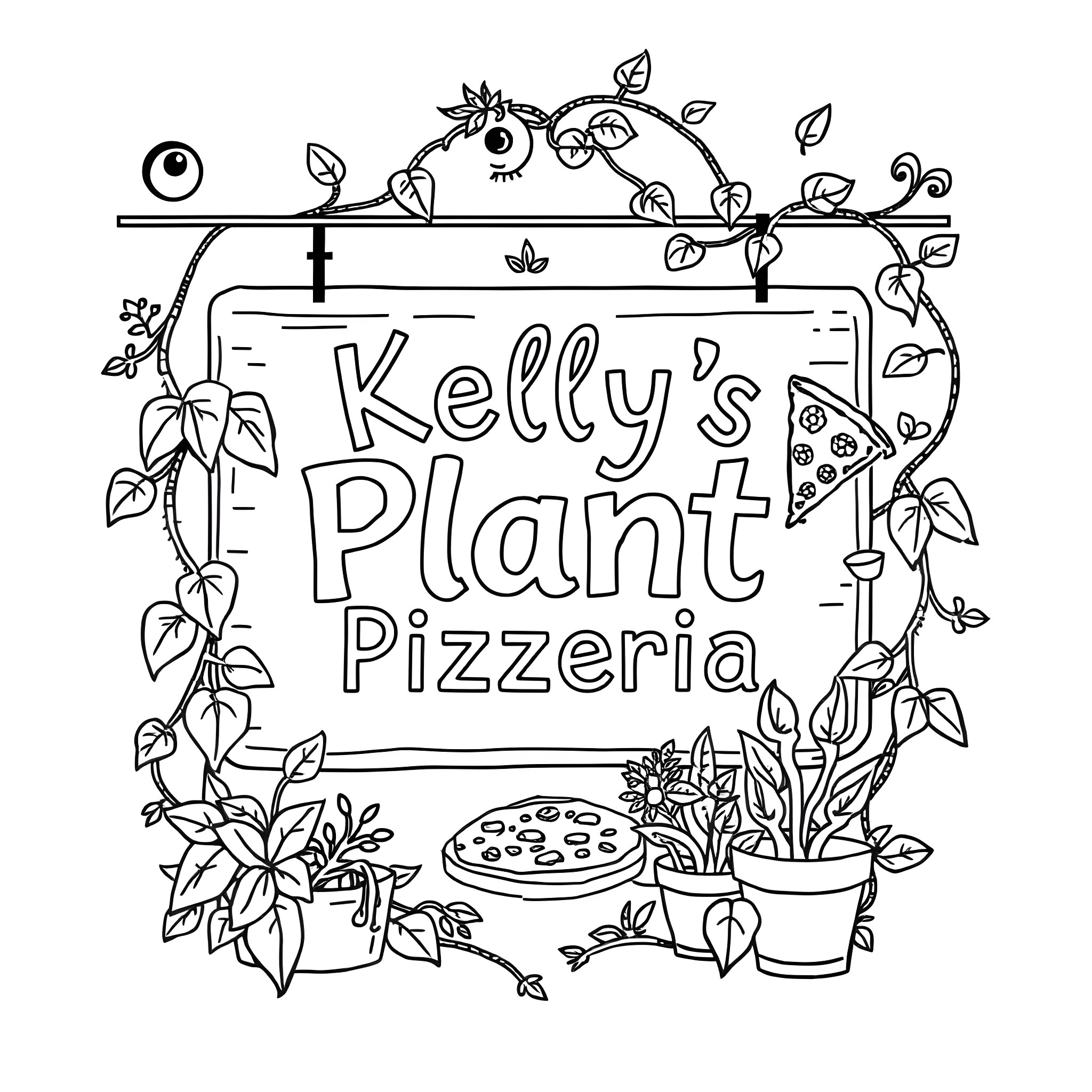 Sign for Kelly's Plant Pizzeria with floral elements Coloring Page (free black-and-white line drawing printable PDF for all, from beginners to advanced learners, including children, teens, adults, and seniors)