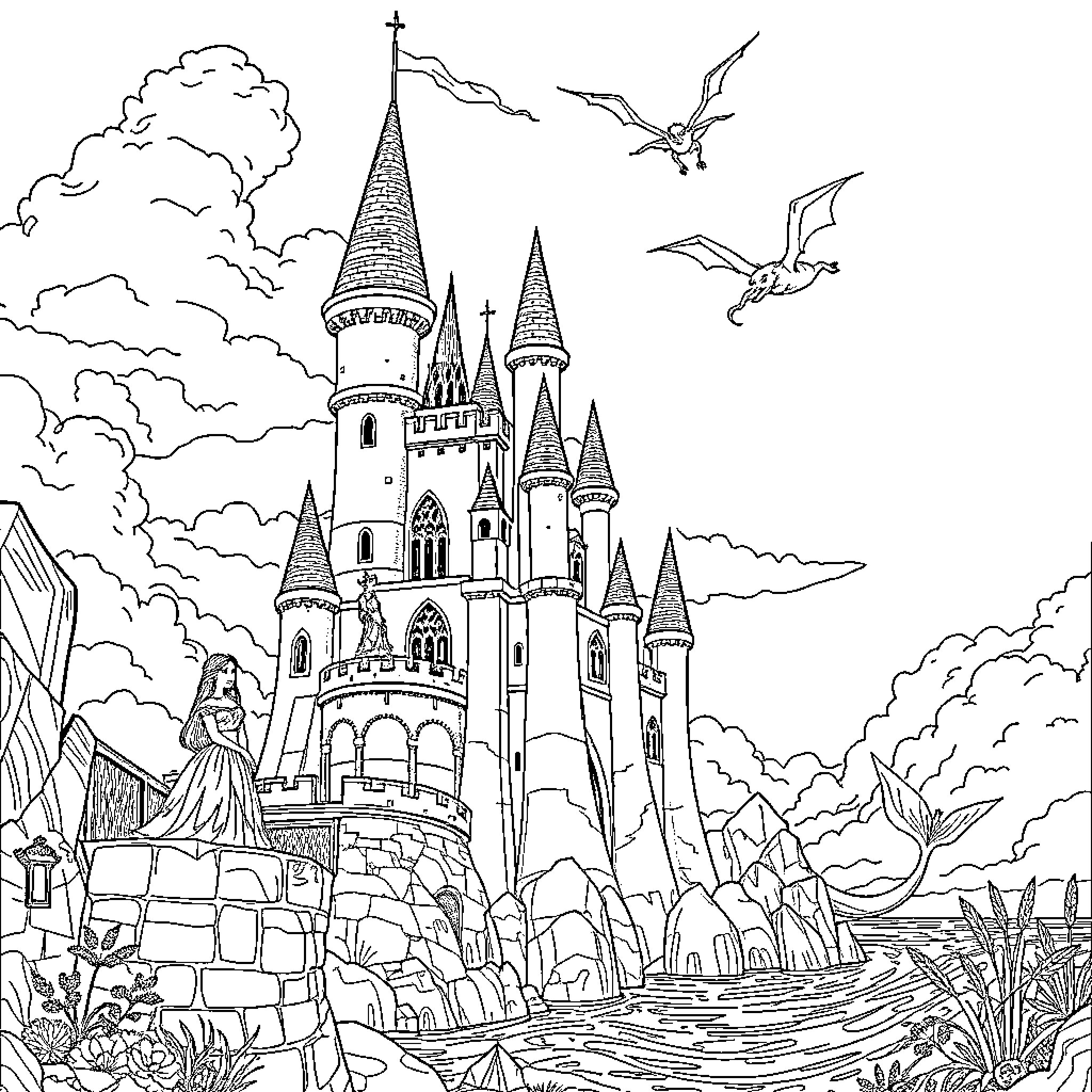 Castle Surrounded by Mythical Creatures and Clouds Coloring Page (free black-and-white line drawing printable PDF for all, from beginners to advanced learners, including children, teens, adults, and seniors)
