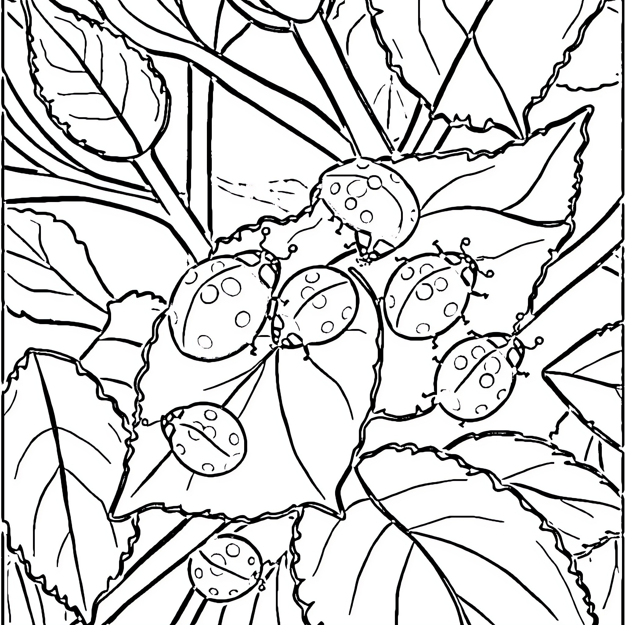 Ladybug group resting on leaves Coloring Page (free black-and-white line drawing printable PDF for all, from beginners to advanced learners, including children, teens, adults, and seniors)