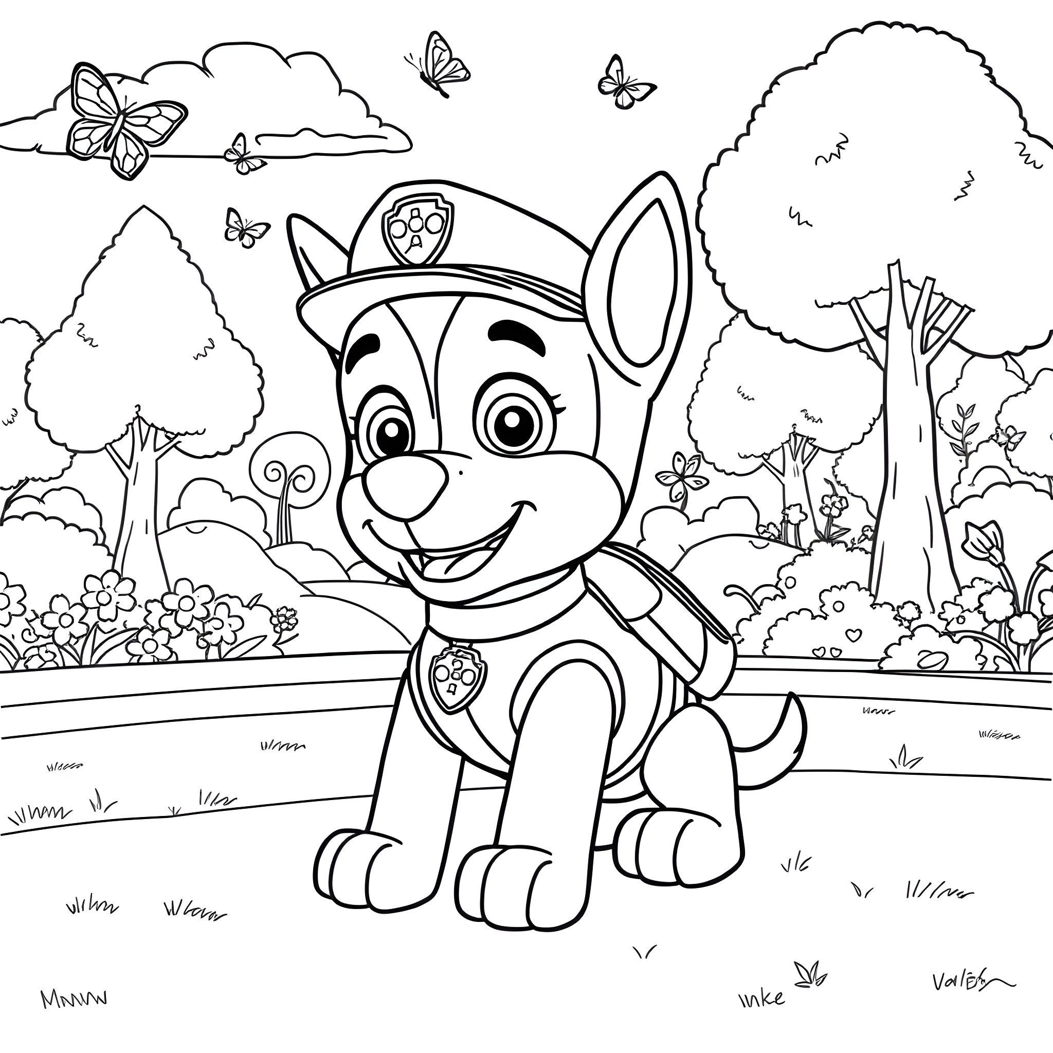 Chase the happy pup in the serene landscape Coloring Page (free black-and-white line drawing printable PDF for all, from beginners to advanced learners, including children, teens, adults, and seniors)