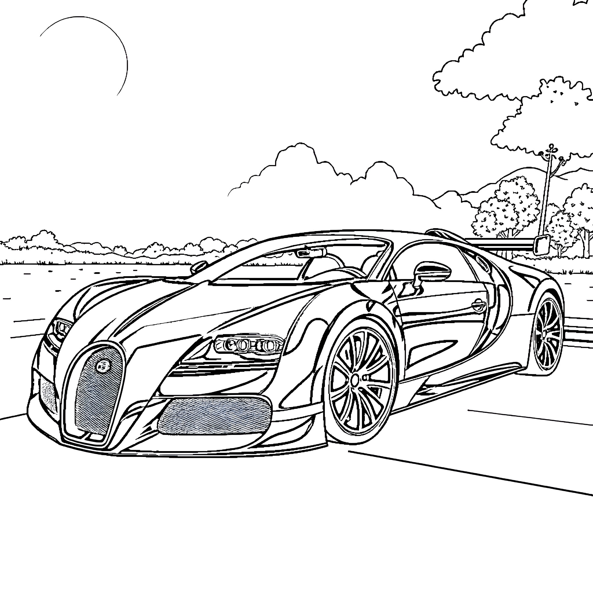 Bugatti supercar on the road in nature Coloring Page (free black-and-white line drawing printable PDF for all, from beginners to advanced learners, including children, teens, adults, and seniors)