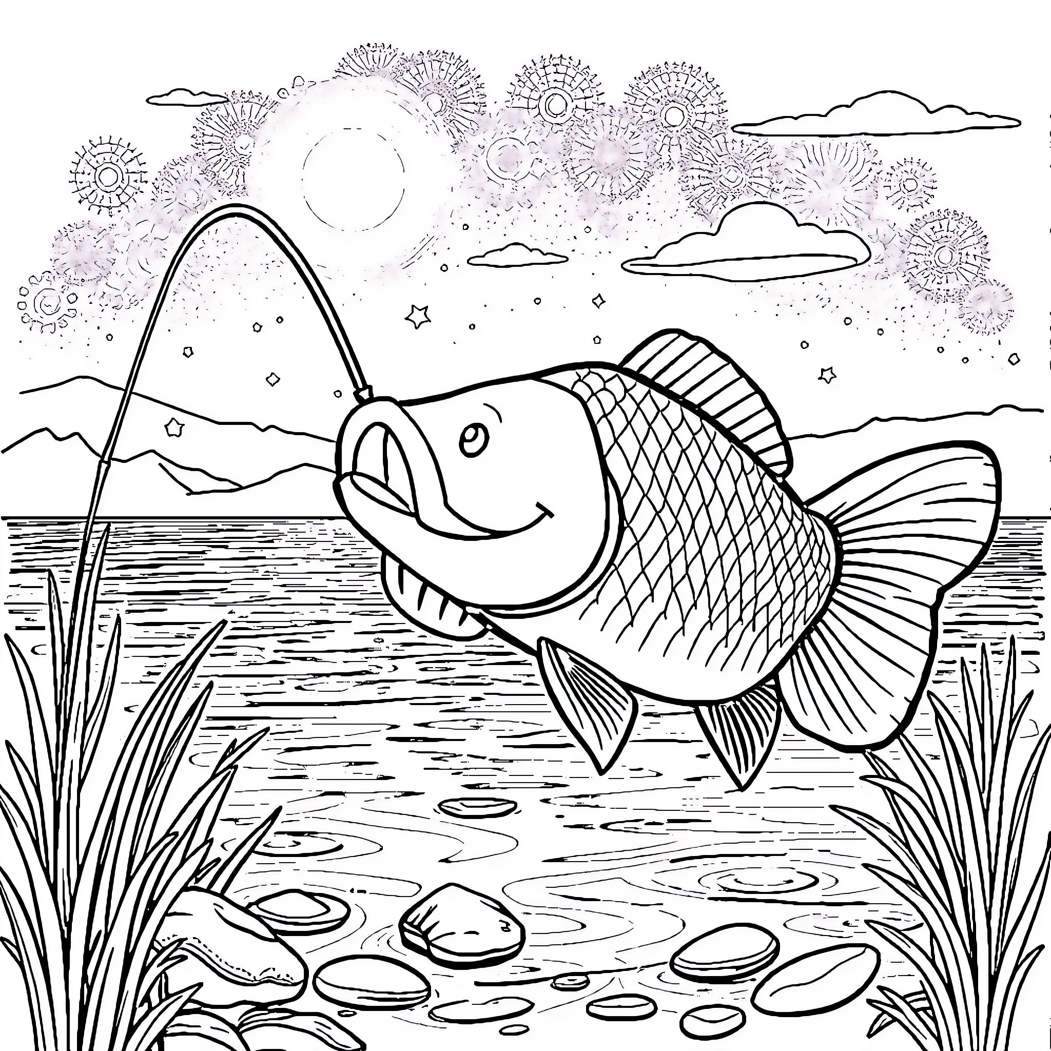 Peely fishing happily in the lake with fireworks Coloring Page (free black-and-white line drawing printable PDF for all, from beginners to advanced learners, including children, teens, adults, and seniors)