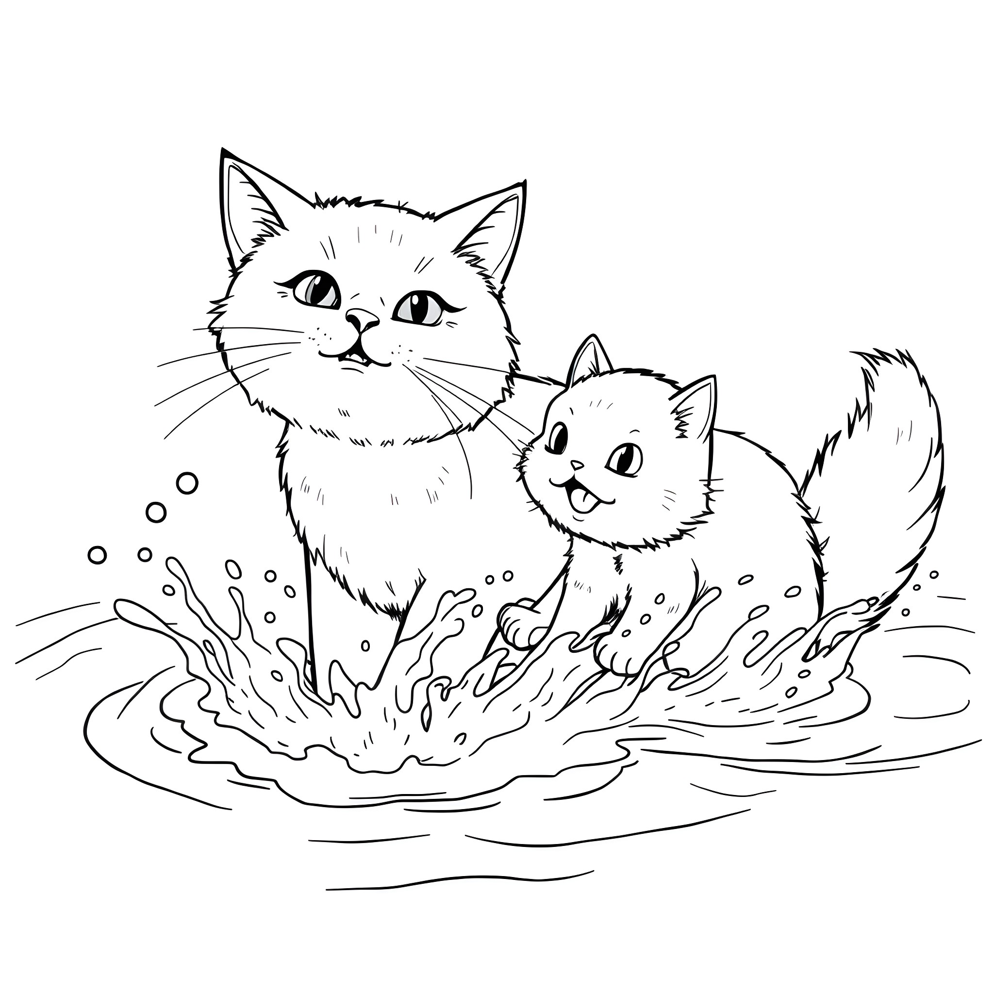 Cats splashing in puddle Coloring Page (free black-and-white line drawing printable PDF for all, from beginners to advanced learners, including children, teens, adults, and seniors)