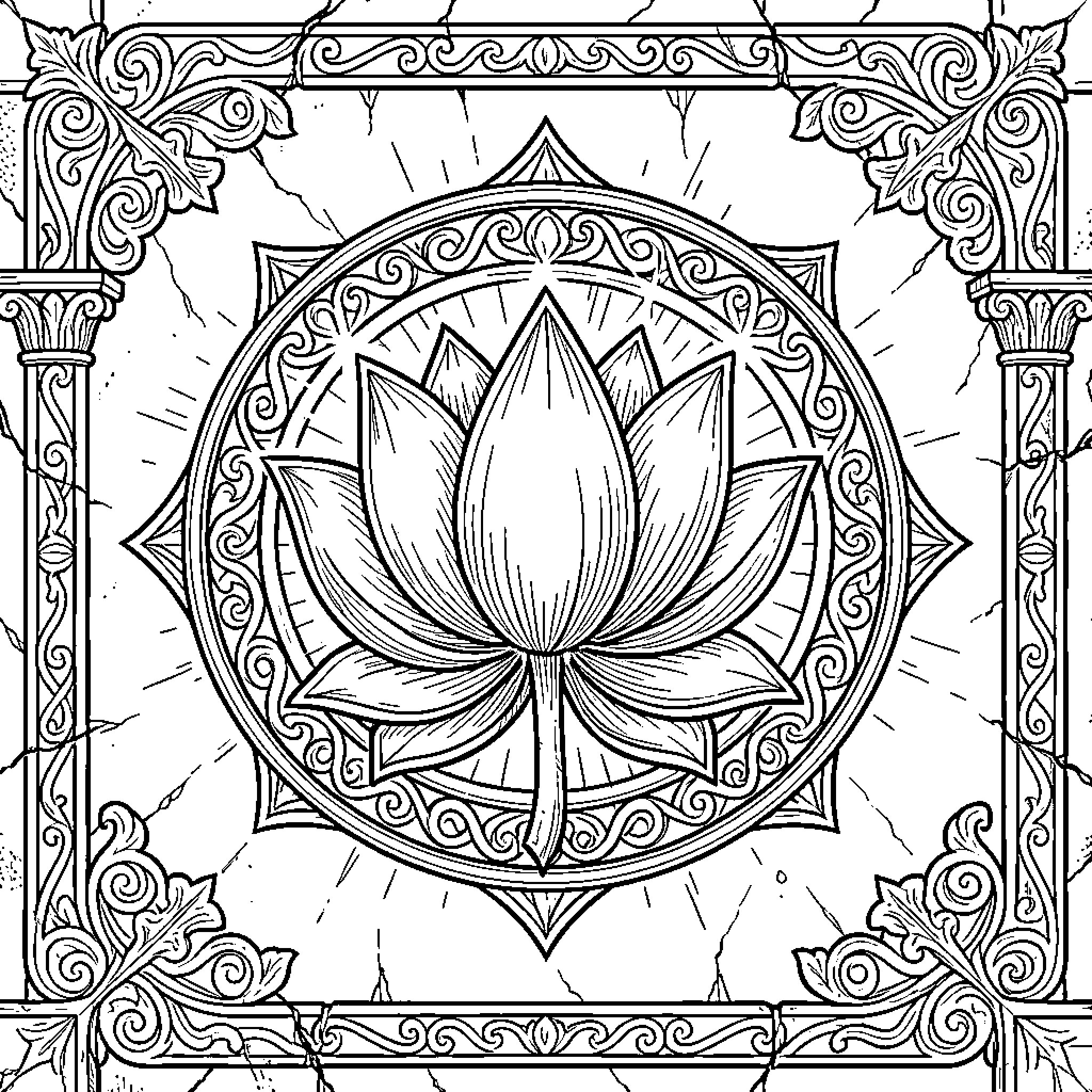 Lotus Flower in Ornate Mandala Frame Coloring Page (free black-and-white line drawing printable PDF for all, from beginners to advanced learners, including children, teens, adults, and seniors)
