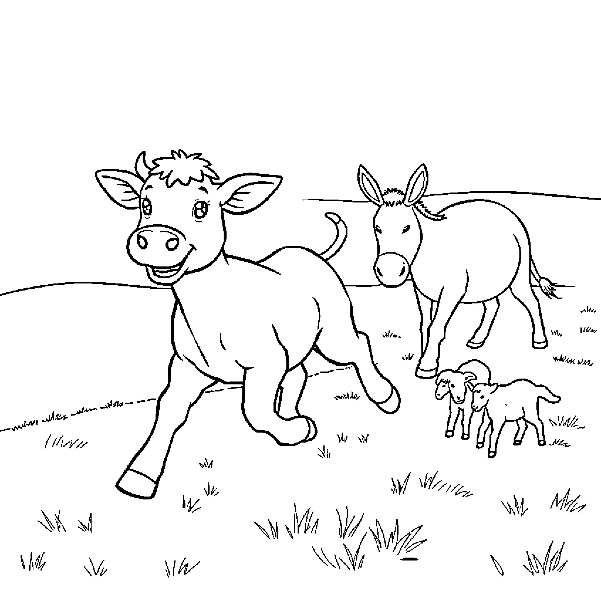 Calf playing with donkey in the field Coloring Page (free black-and-white line drawing printable PDF for all, from beginners to advanced learners, including children, teens, adults, and seniors)