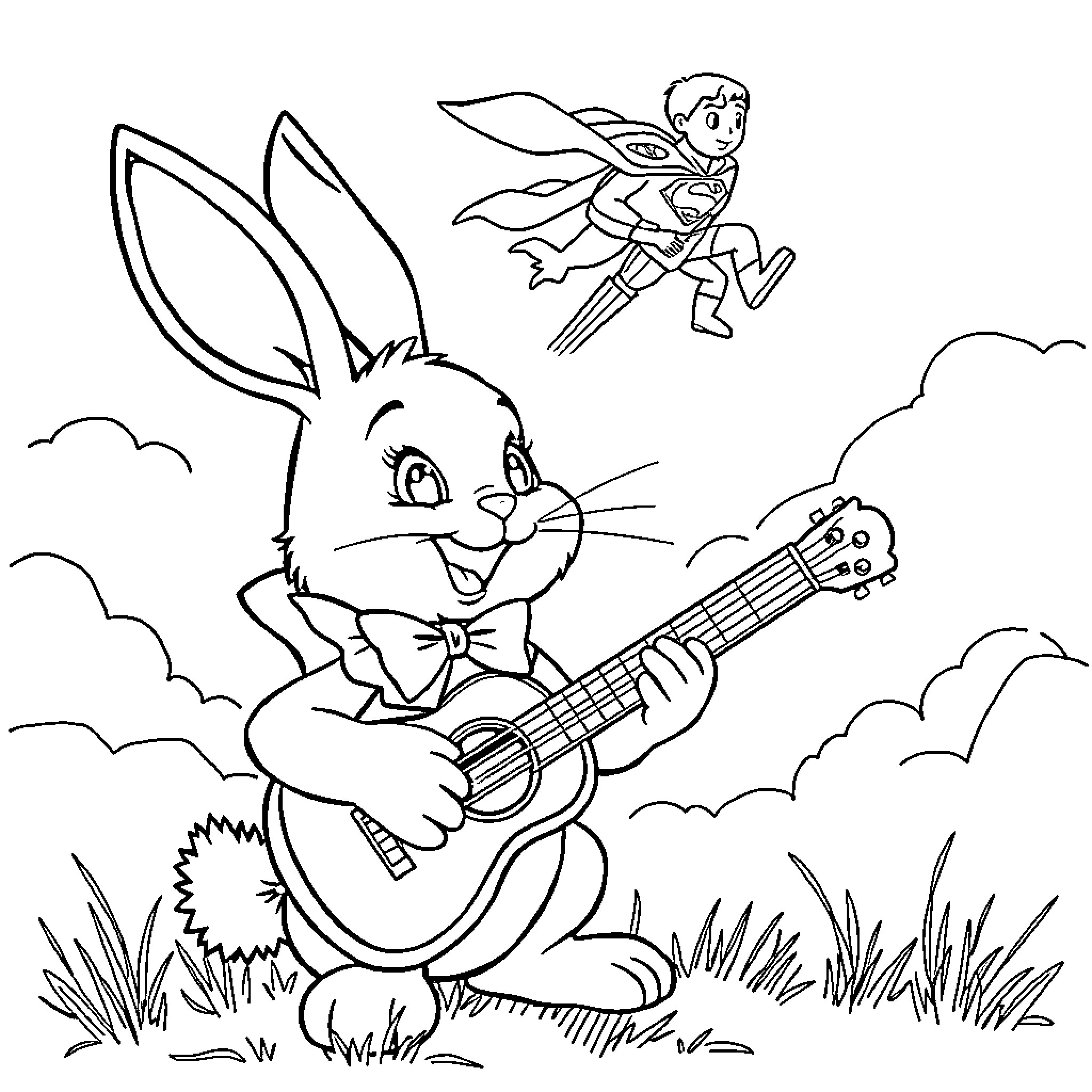 Bunny playing guitar and fairy flying in the sky Coloring Page (free black-and-white line drawing printable PDF for all, from beginners to advanced learners, including children, teens, adults, and seniors)