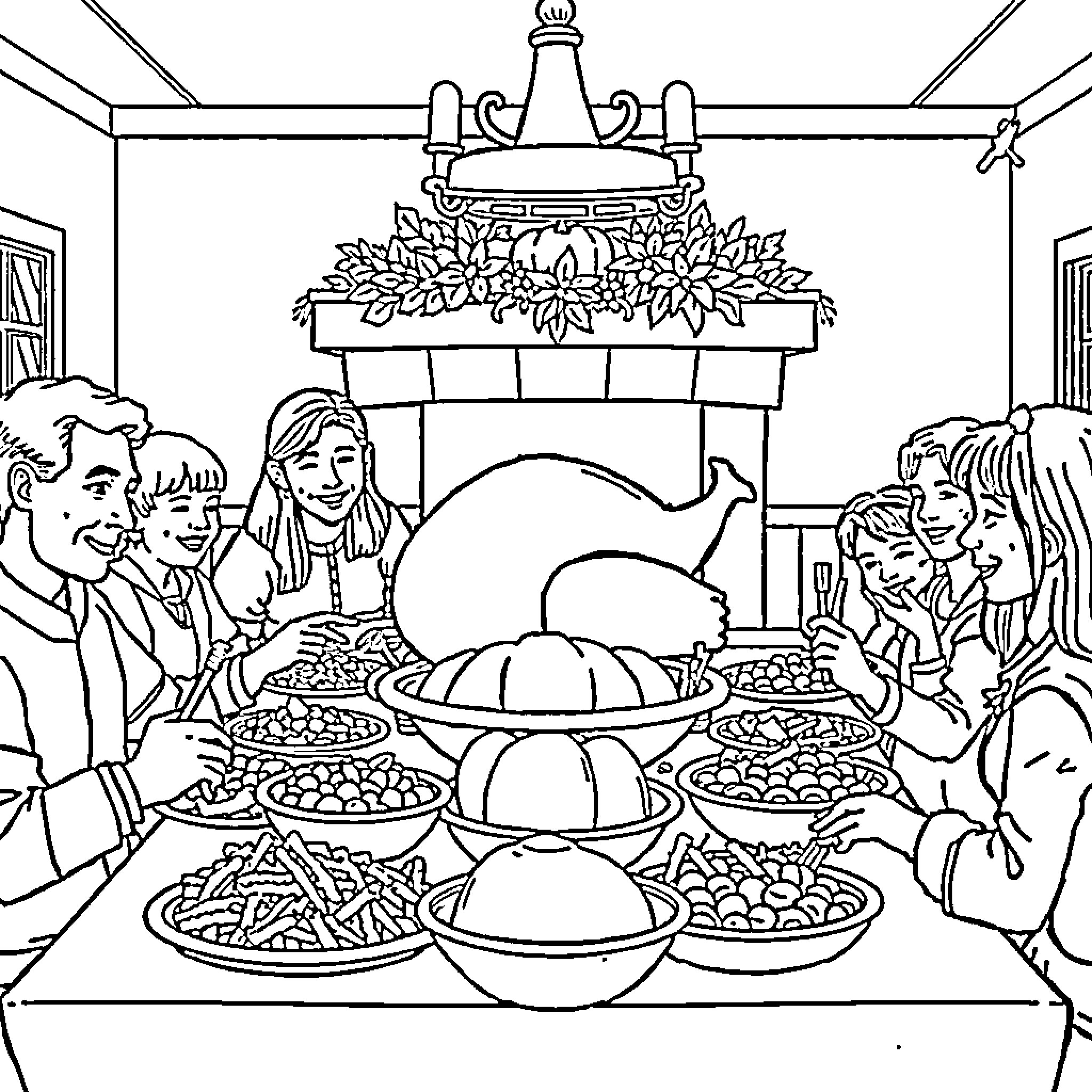 Thanksgiving family feast around the dining table Coloring Page (free black-and-white line drawing printable PDF for all, from beginners to advanced learners, including children, teens, adults, and seniors)