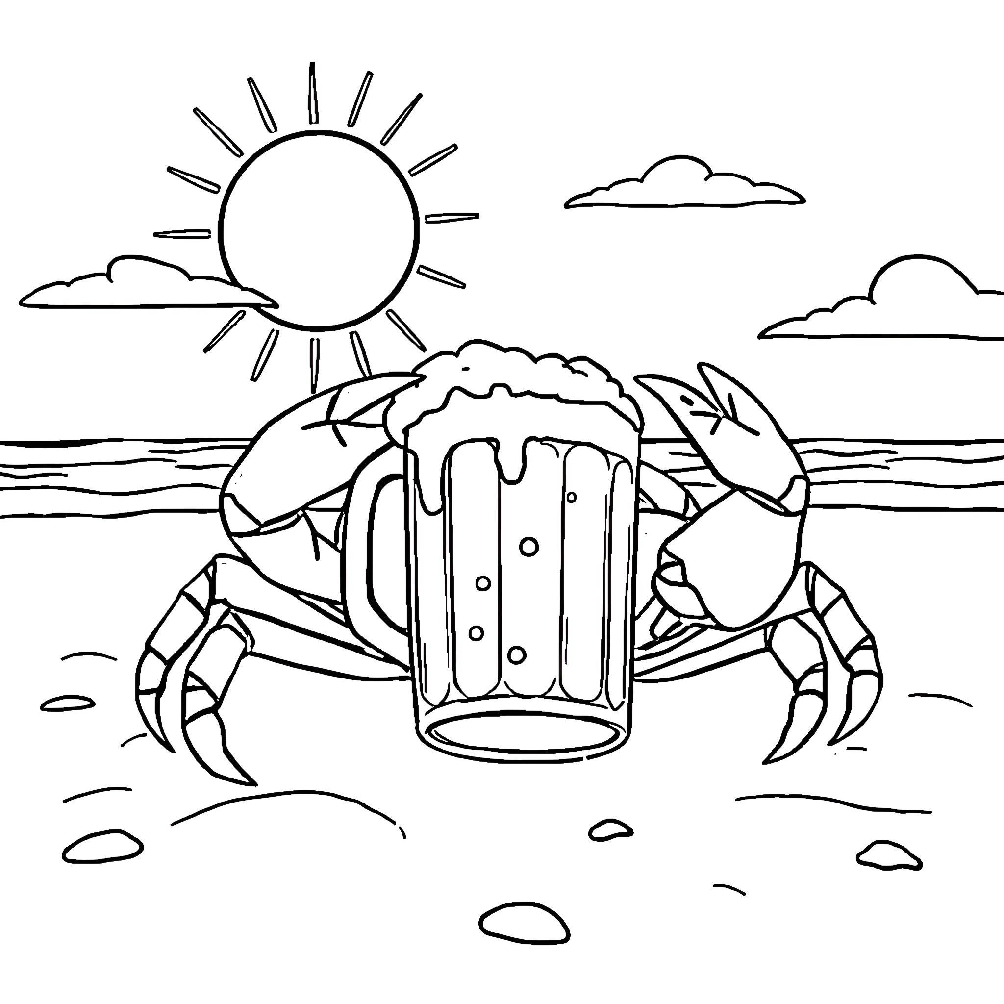 Crab enjoying a refreshing beer on the beach Coloring Page (free black-and-white line drawing printable PDF for all, from beginners to advanced learners, including children, teens, adults, and seniors)