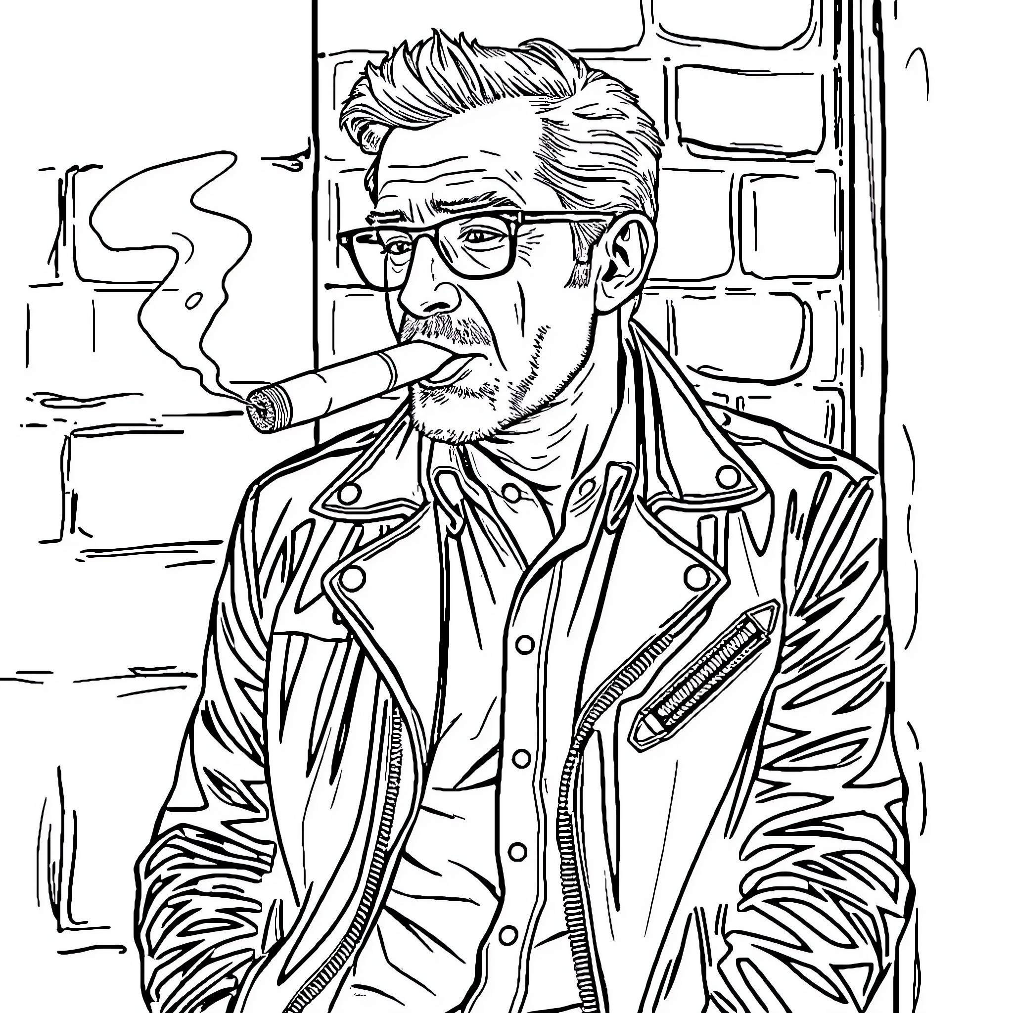 Man in thoughtful expression holding a cigar Coloring Page (free black-and-white line drawing printable PDF for all, from beginners to advanced learners, including children, teens, adults, and seniors)