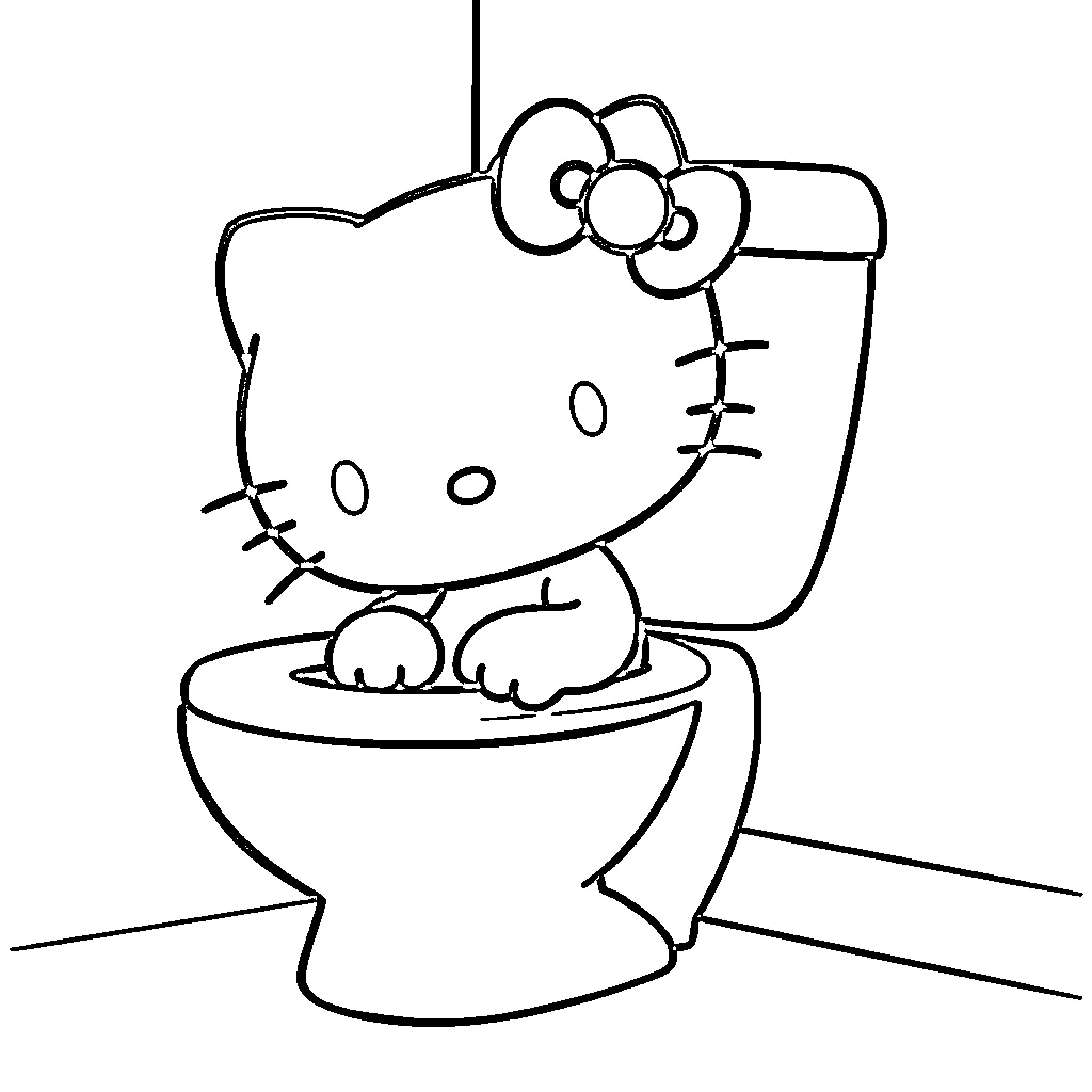 Hello Kitty sitting on the toilet Coloring Page (free black-and-white line drawing printable PDF for all, from beginners to advanced learners, including children, teens, adults, and seniors)