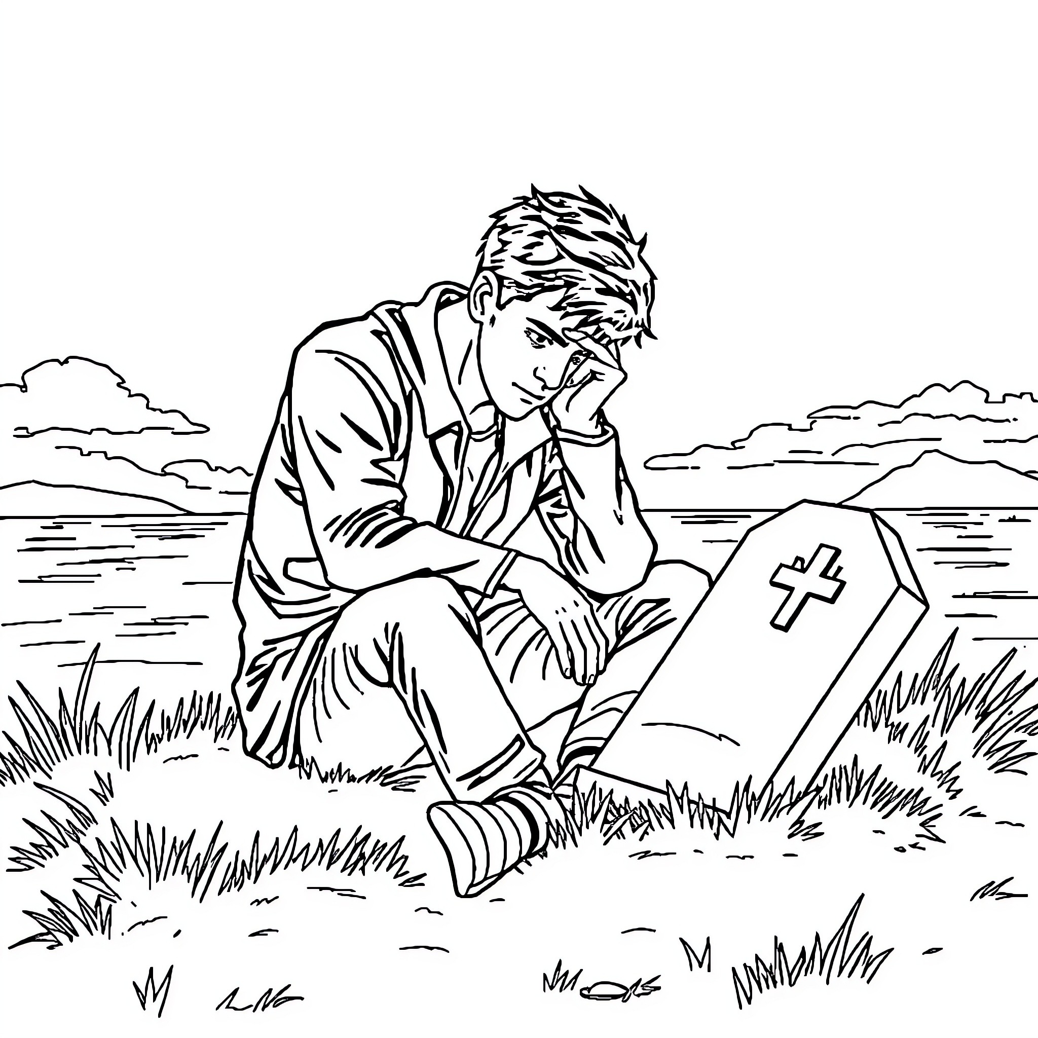 Man grieving at a graveside in a field Coloring Page (free black-and-white line drawing printable PDF for all, from beginners to advanced learners, including children, teens, adults, and seniors)