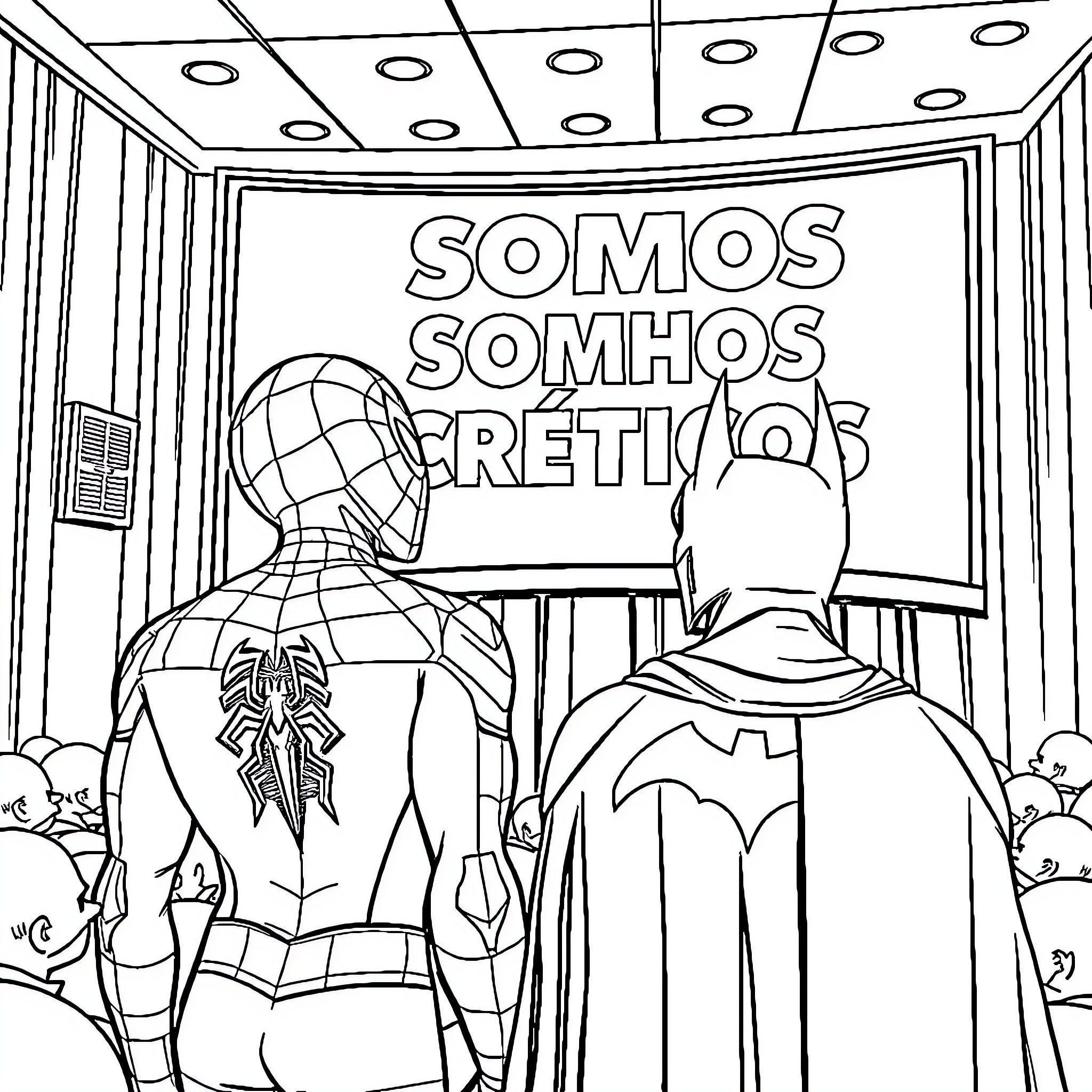 Spiderman and Creto discussing heroic duties Coloring Page (free black-and-white line drawing printable PDF for all, from beginners to advanced learners, including children, teens, adults, and seniors)