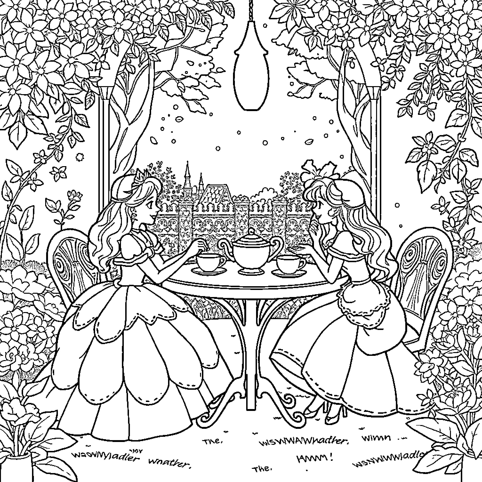 Princess Tea Party in the Enchanted Garden Coloring Page (free black-and-white line drawing printable PDF for all, from beginners to advanced learners, including children, teens, adults, and seniors)