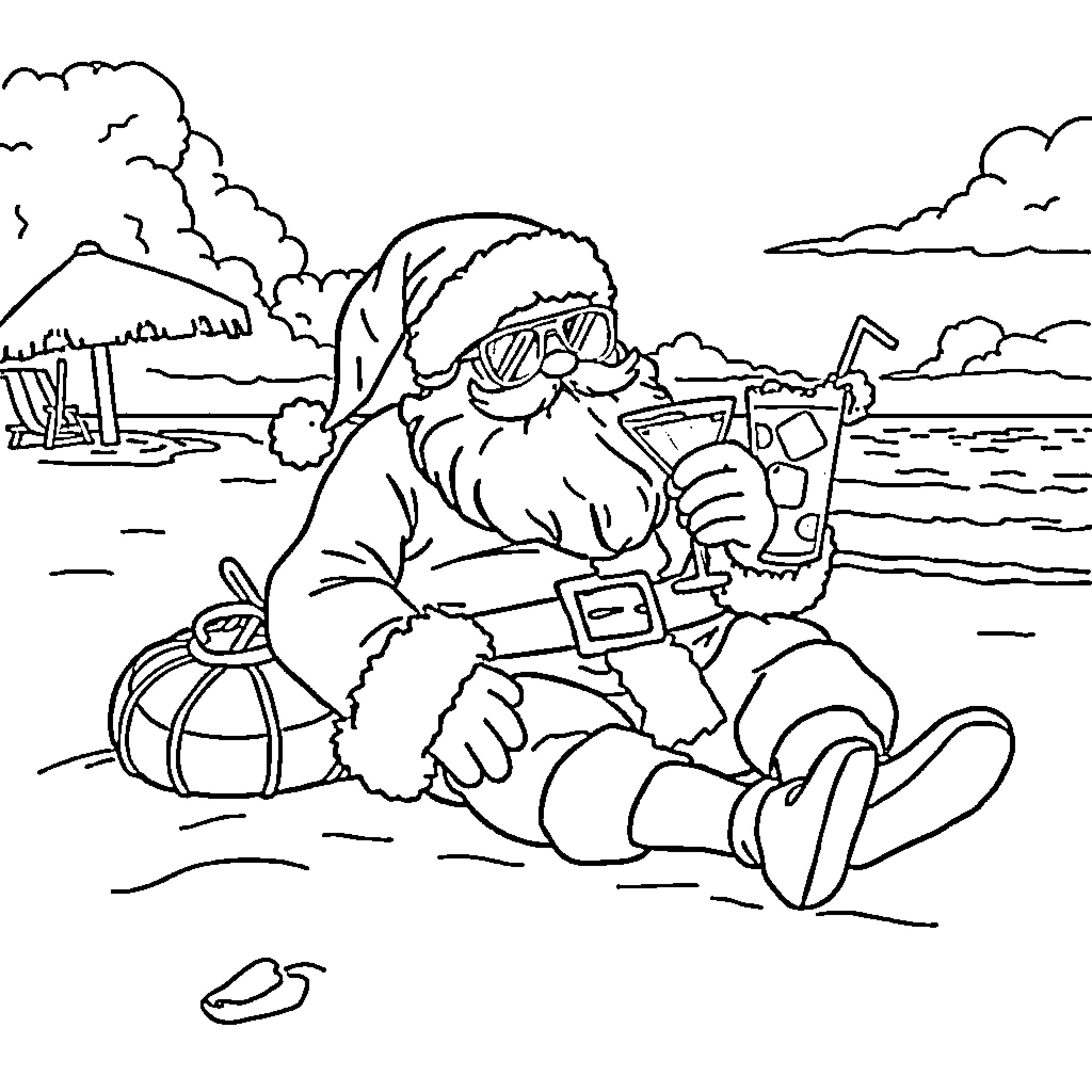 Santa relaxing on the beach with a drink Coloring Page (free black-and-white line drawing printable PDF for all, from beginners to advanced learners, including children, teens, adults, and seniors)