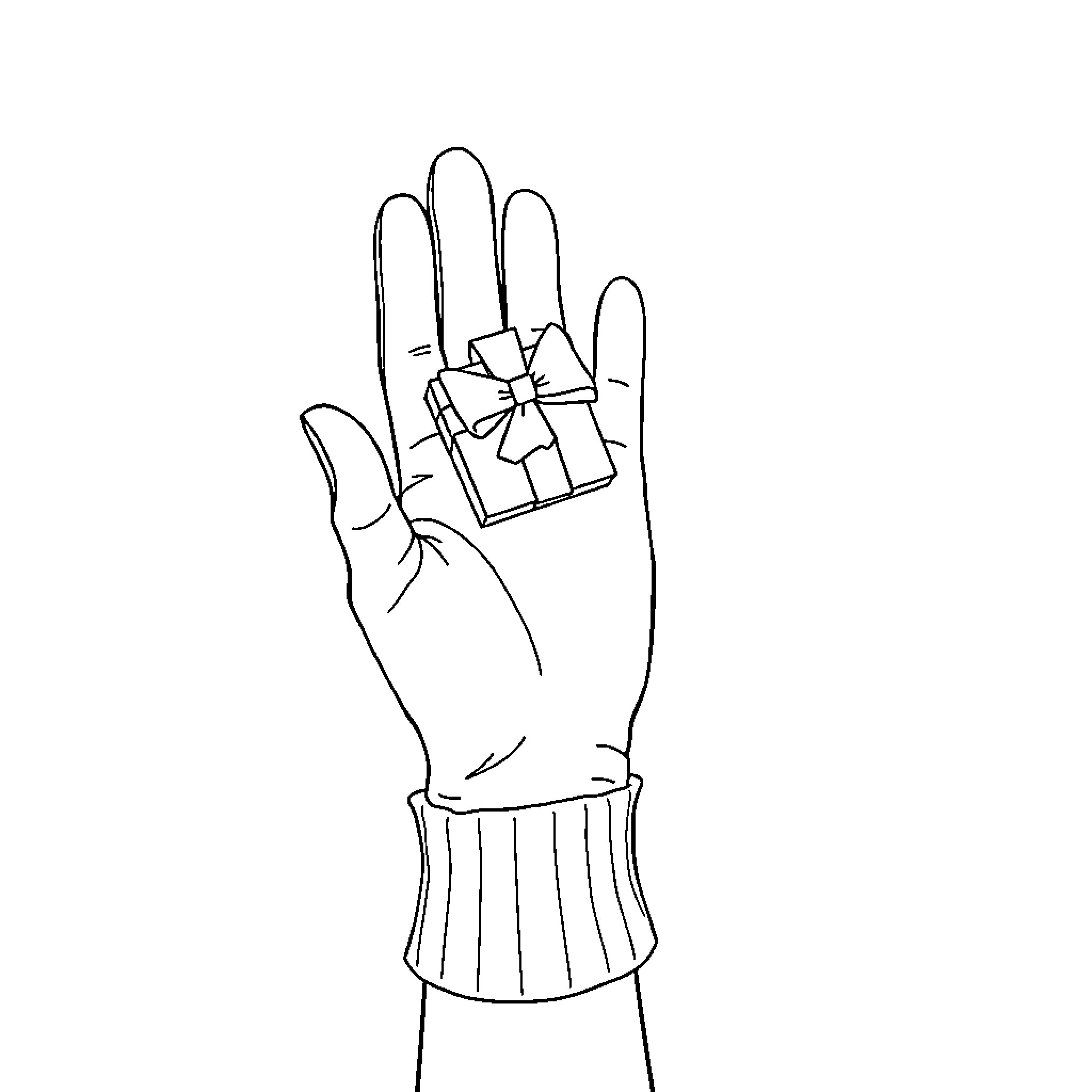 Hand holding a wrapped gift Coloring Page (free black-and-white line drawing printable PDF for all, from beginners to advanced learners, including children, teens, adults, and seniors)