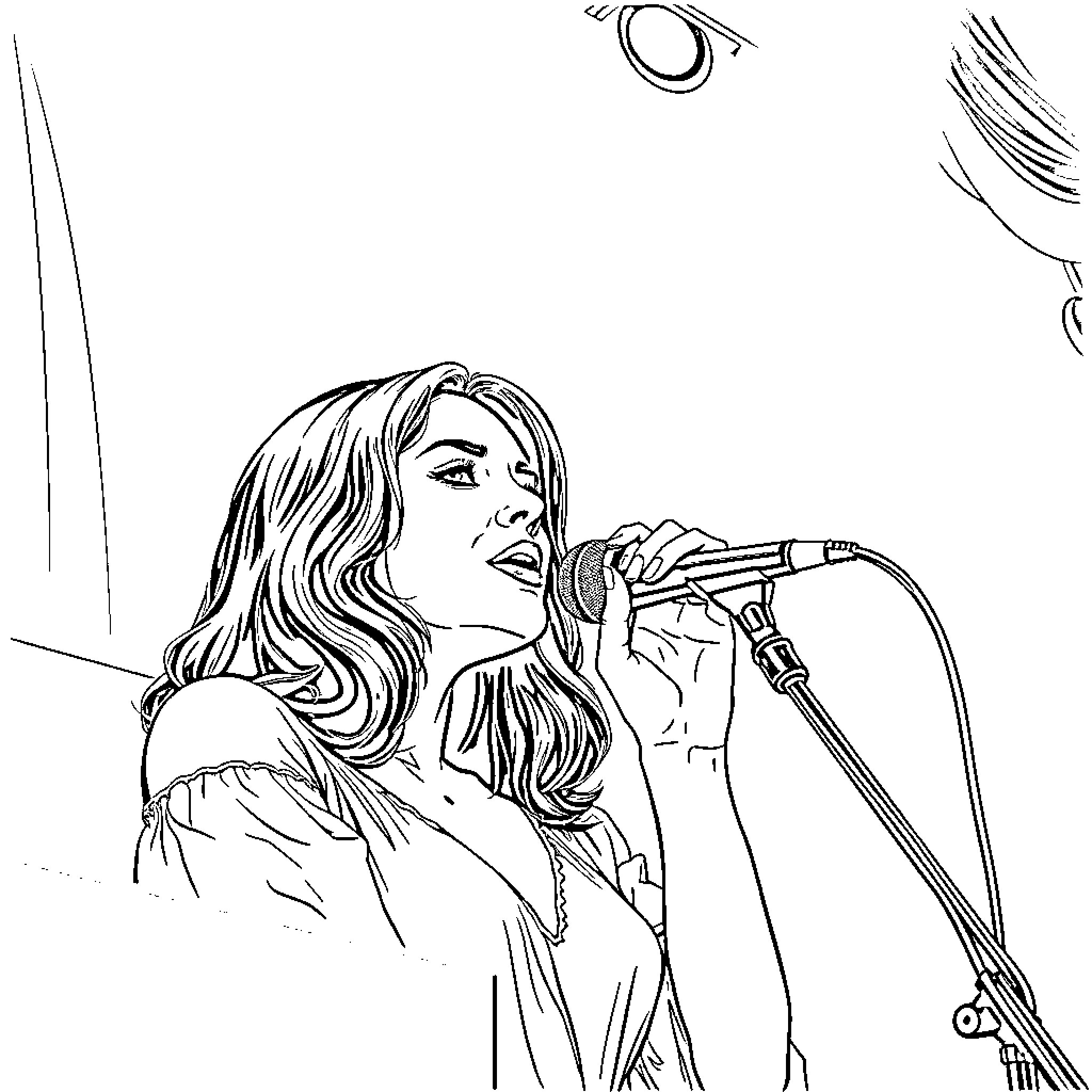 Lana Del Rey performing on stage Coloring Page (free black-and-white line drawing printable PDF for all, from beginners to advanced learners, including children, teens, adults, and seniors)