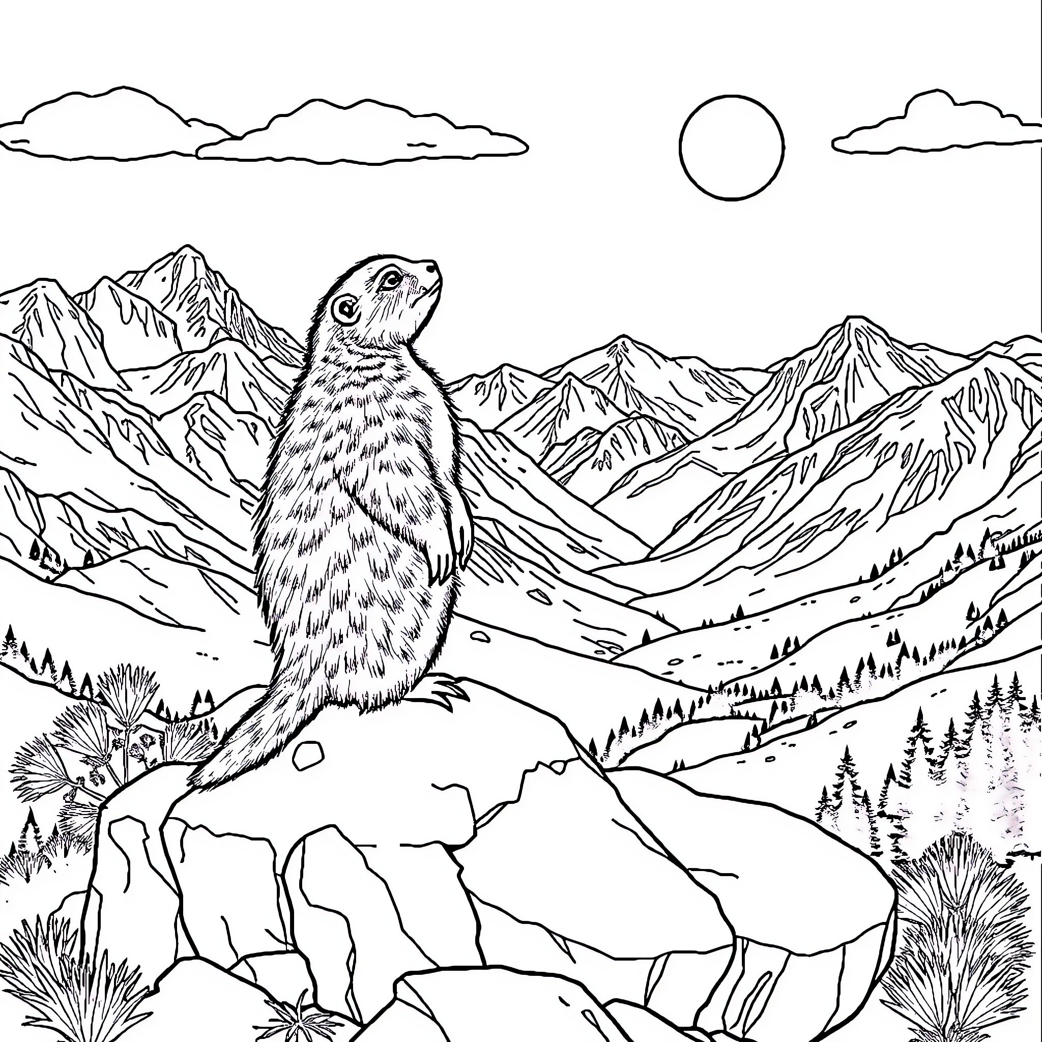 Marmot surveying scenic mountain landscape Coloring Page (free black-and-white line drawing printable PDF for all, from beginners to advanced learners, including children, teens, adults, and seniors)
