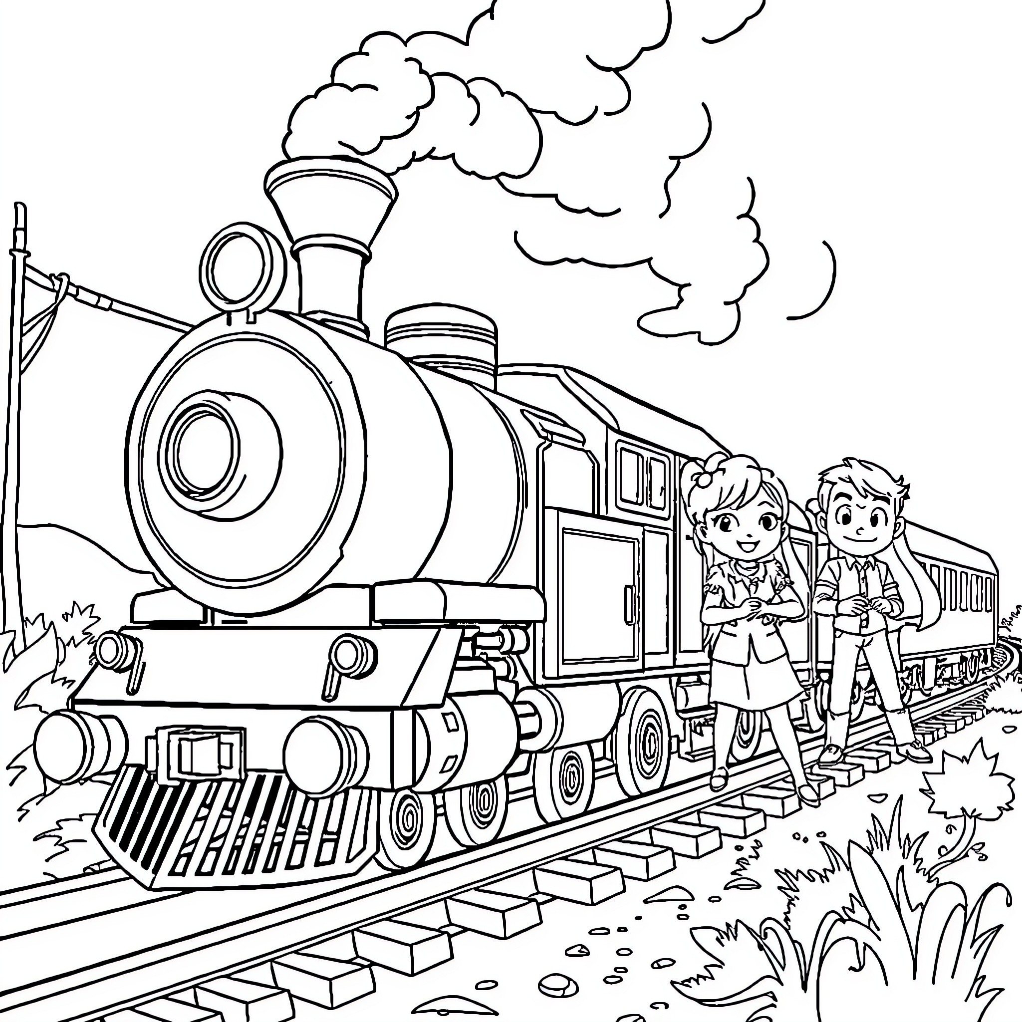 Incredibles enjoying a ride on the steam train Coloring Page (free black-and-white line drawing printable PDF for all, from beginners to advanced learners, including children, teens, adults, and seniors)