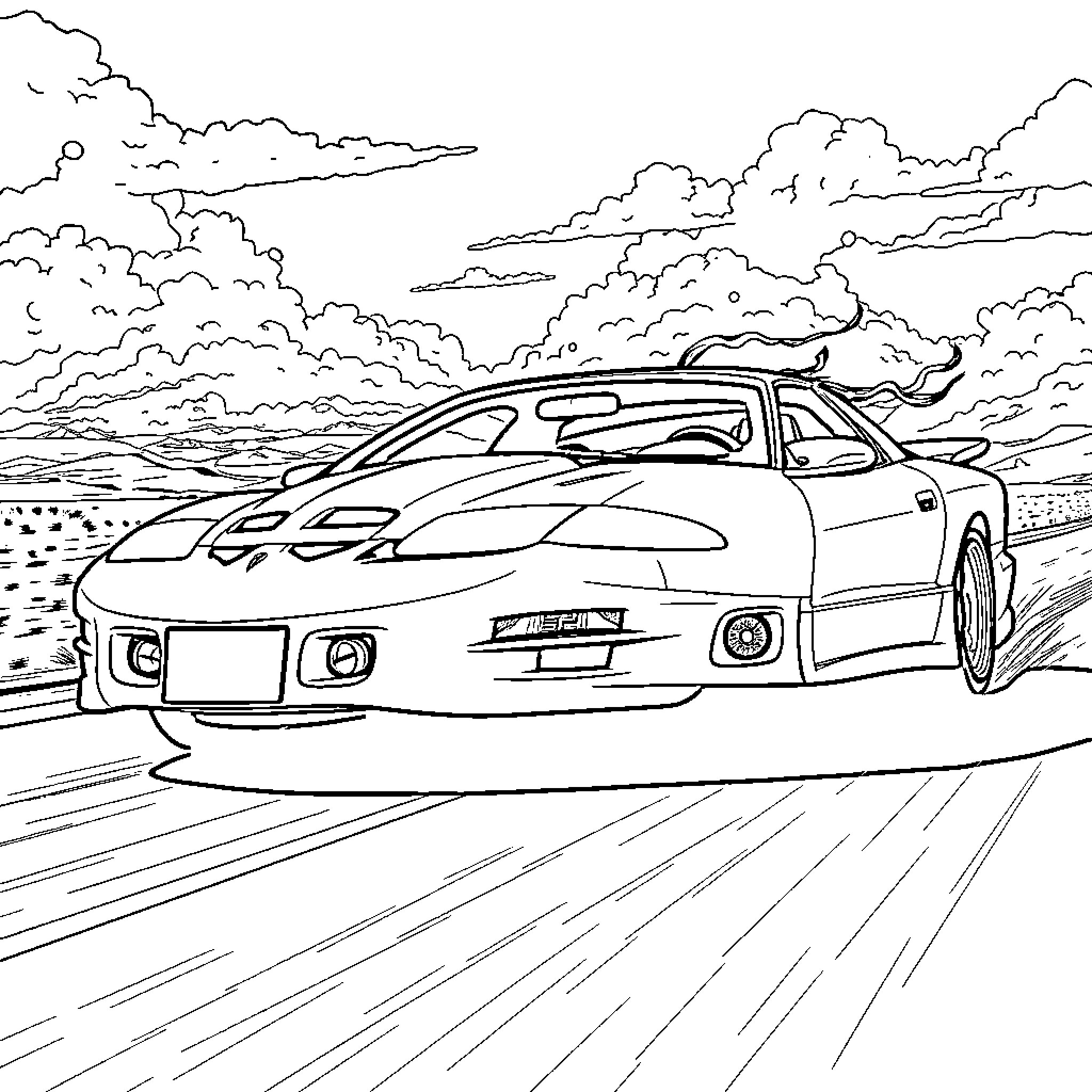 Pontiac sports car speeding on the road Coloring Page (free black-and-white line drawing printable PDF for all, from beginners to advanced learners, including children, teens, adults, and seniors)