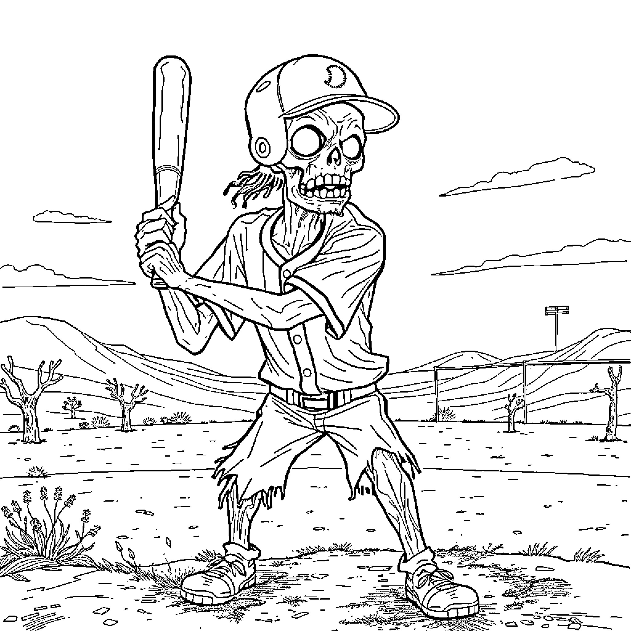 Zombie Baseball Player in the Wasteland Coloring Page (free black-and-white line drawing printable PDF for all, from beginners to advanced learners, including children, teens, adults, and seniors)