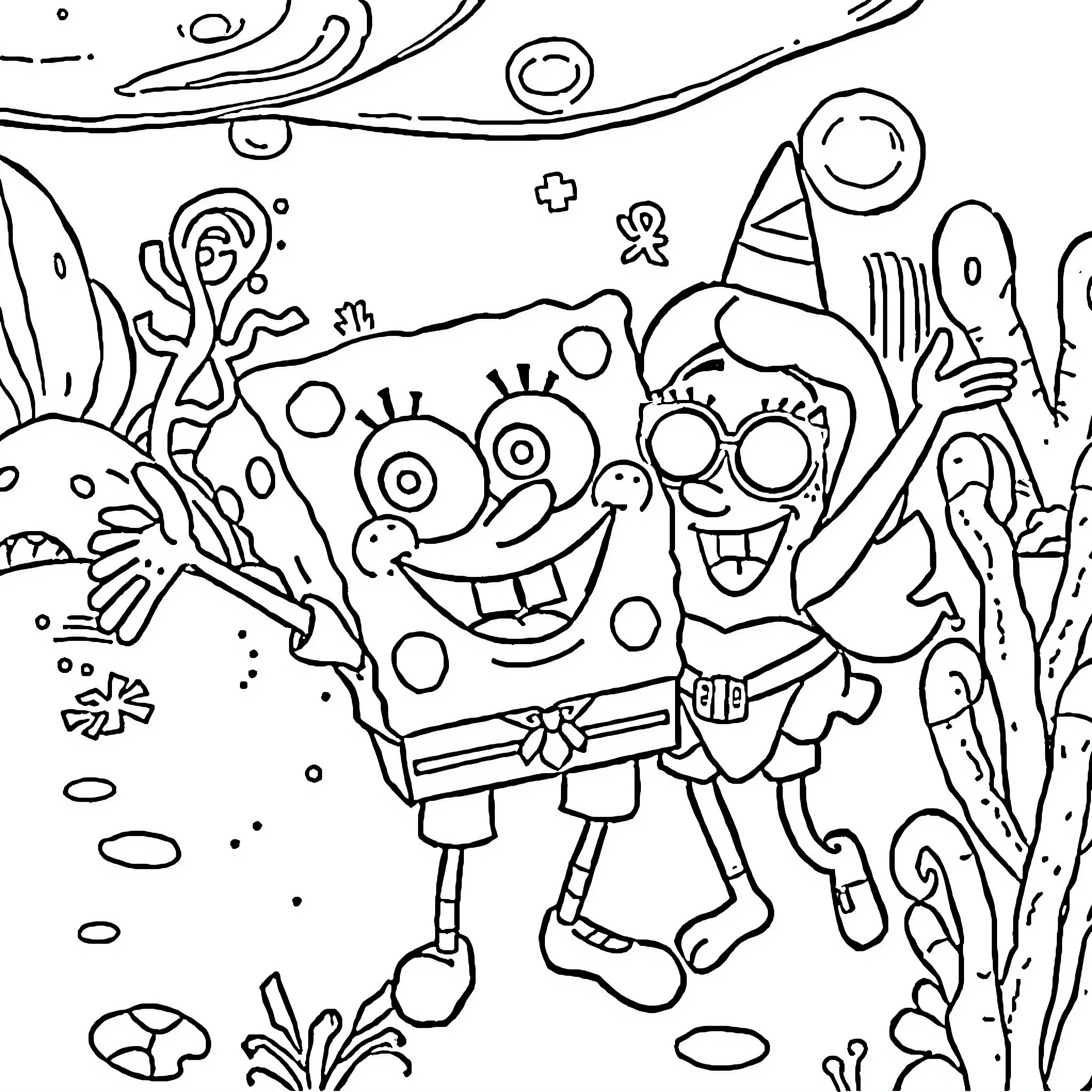 Spongebob's Underwater Whimsical Adventure Coloring Page (free black-and-white line drawing printable PDF for all, from beginners to advanced learners, including children, teens, adults, and seniors)