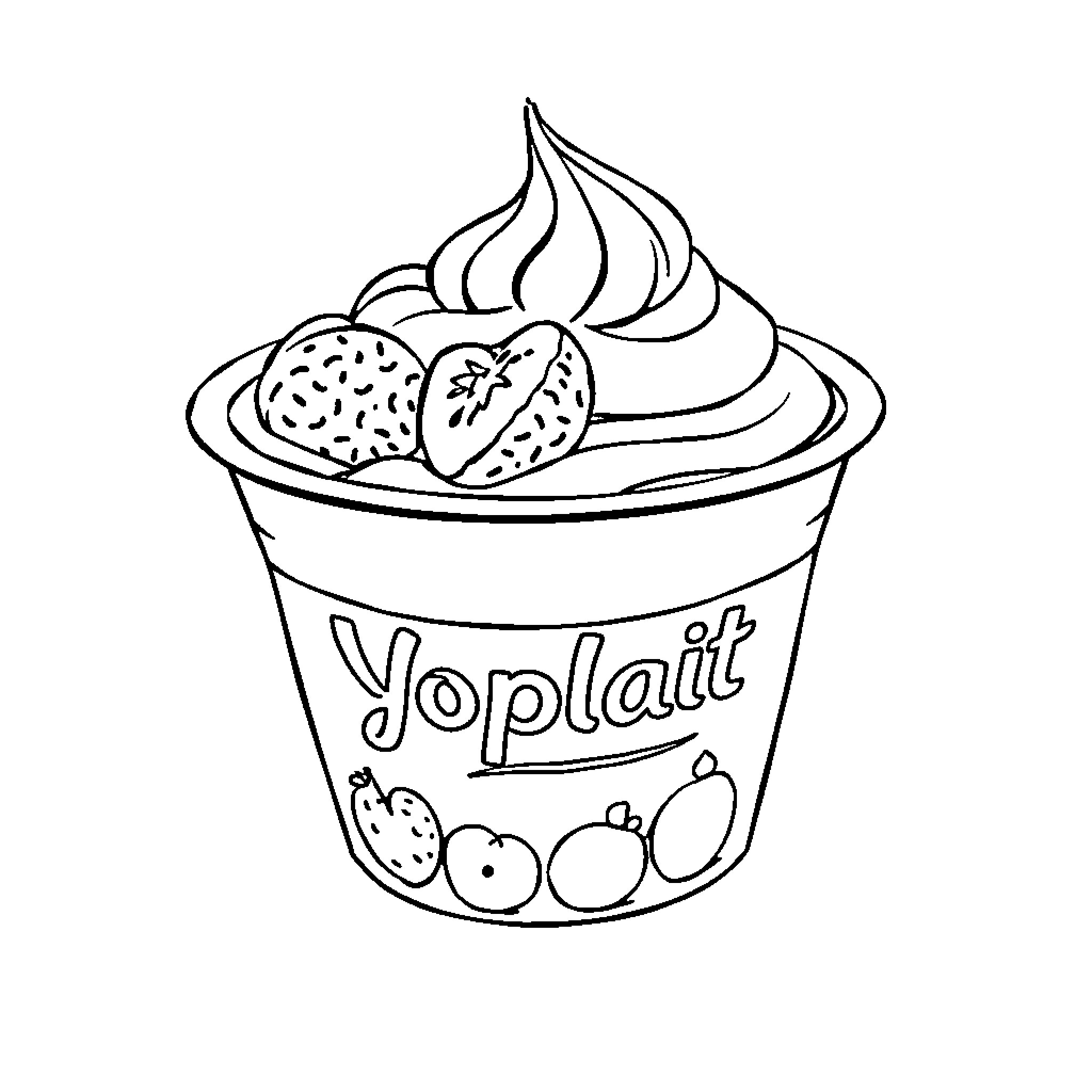 Yoplait treat with fruit and whipped topping Coloring Page (free black-and-white line drawing printable PDF for all, from beginners to advanced learners, including children, teens, adults, and seniors)
