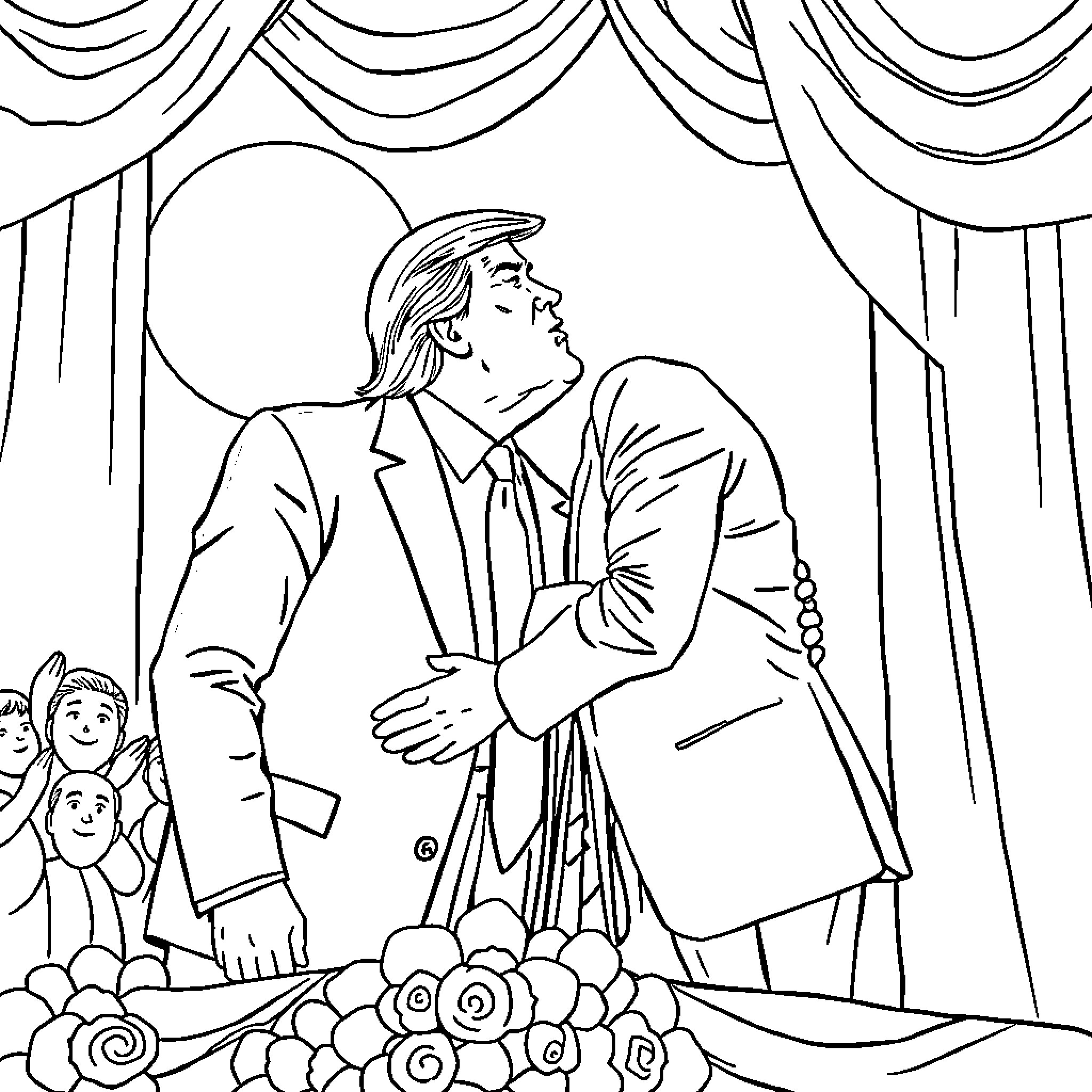 Trump and Biden Sharing a Handshake on Stage Coloring Page (free black-and-white line drawing printable PDF for all, from beginners to advanced learners, including children, teens, adults, and seniors)