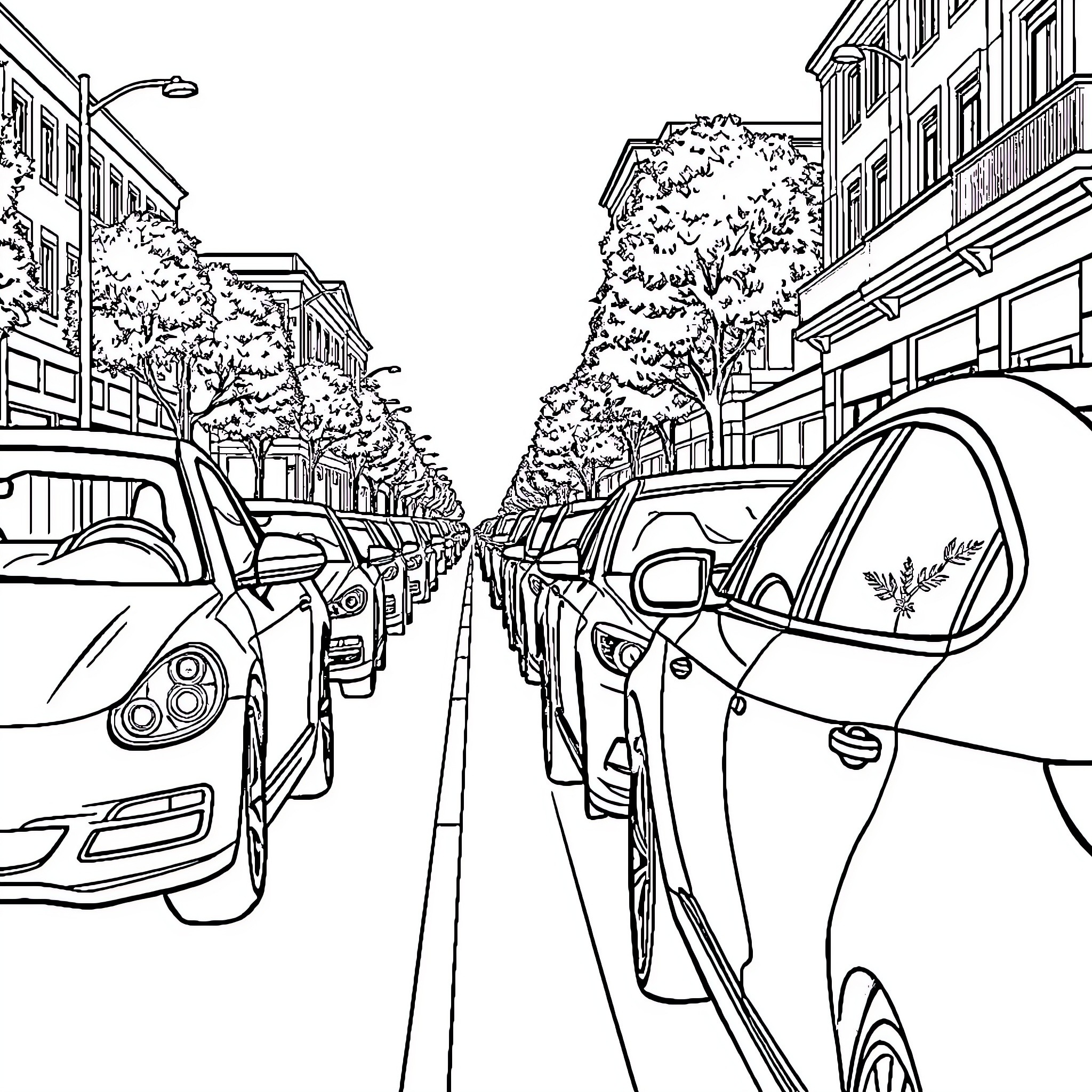 Cars lining up on a city street with trees Coloring Page (free black-and-white line drawing printable PDF for all, from beginners to advanced learners, including children, teens, adults, and seniors)
