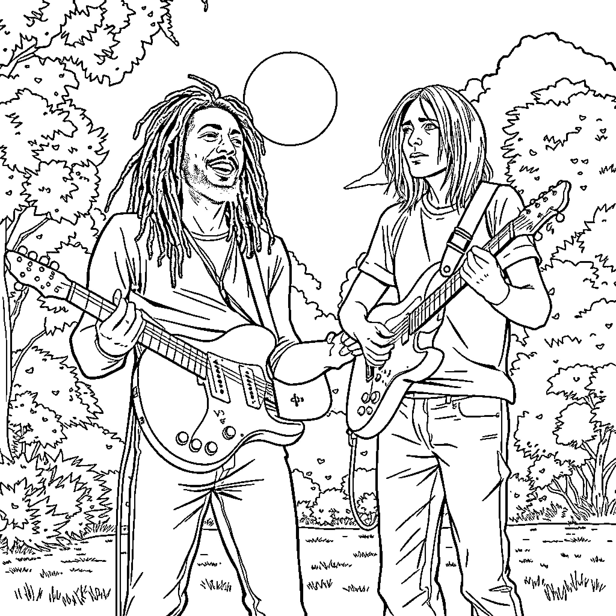 Bob Marley and musician companions playing guitars in nature Coloring Page (free black-and-white line drawing printable PDF for all, from beginners to advanced learners, including children, teens, adults, and seniors)